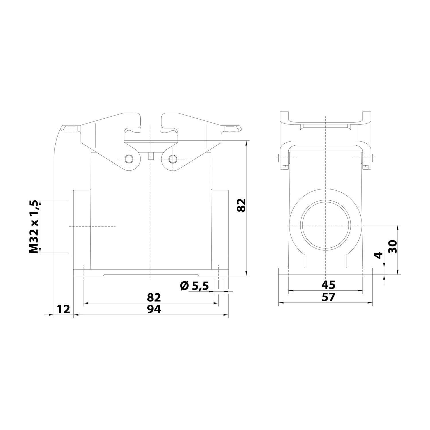 Technische Zeichnung eines mechanischen Bauteils mit Dimensionen: 82 mm Breite, 94 mm Tiefe, 82 mm Höhe. Zeigt detaillierte Maße und Winkel.