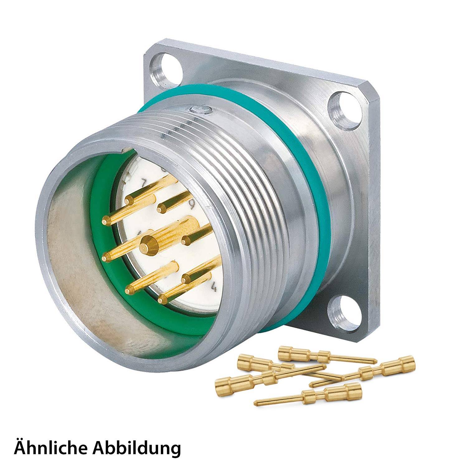 Ein zylindrischer Metall-Sockelanschluss mit mehreren Goldstiften, neben losen Stiften dargestellt, die Teile für die Montage anzeigen. Text: Ähnliche Abbildung.