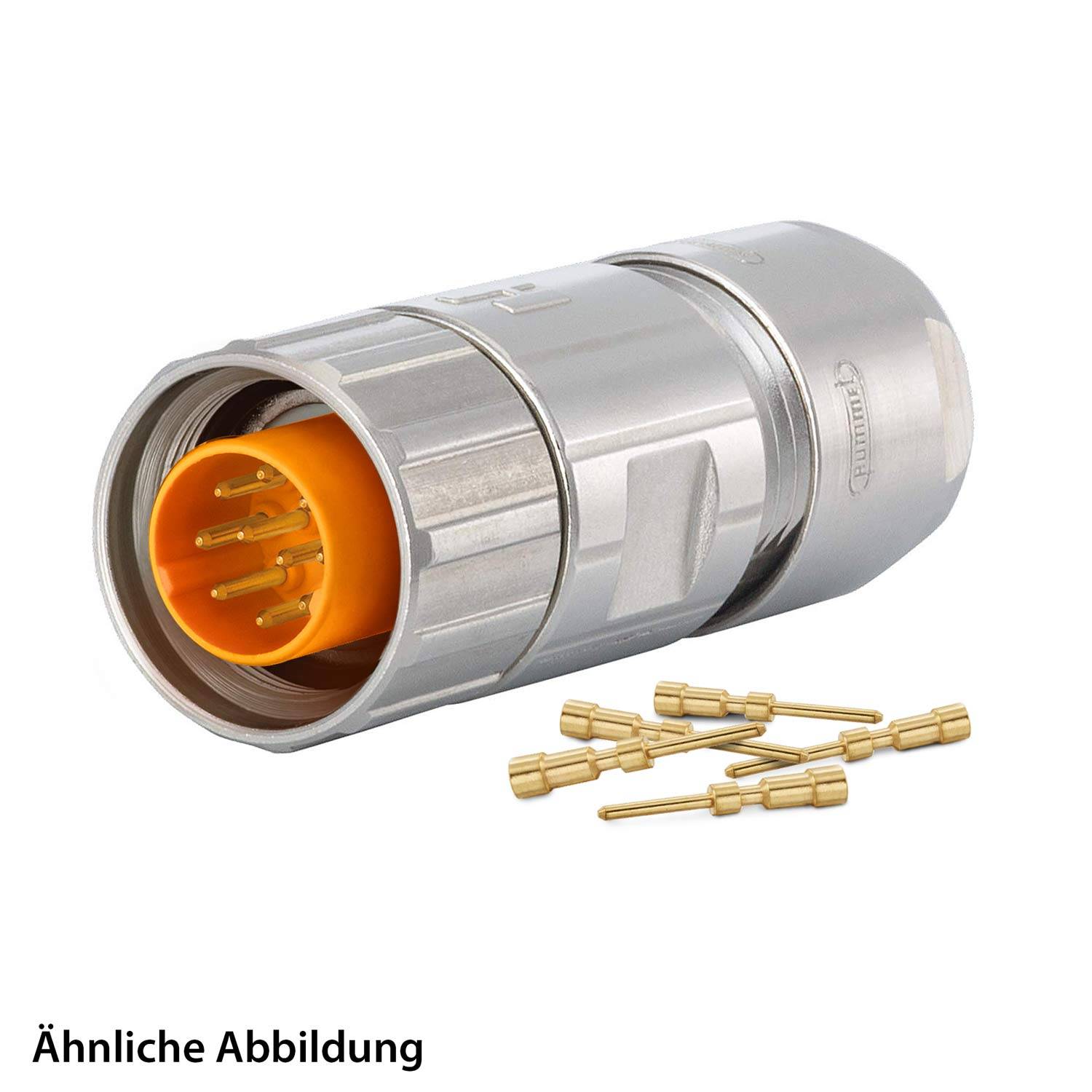Ein zylindrischer Metall-Elektroanschluss mit orangefarbenem Innenraum und mehreren goldenen Stiften, dargestellt neben einzelnen Stiftanschlüssen.