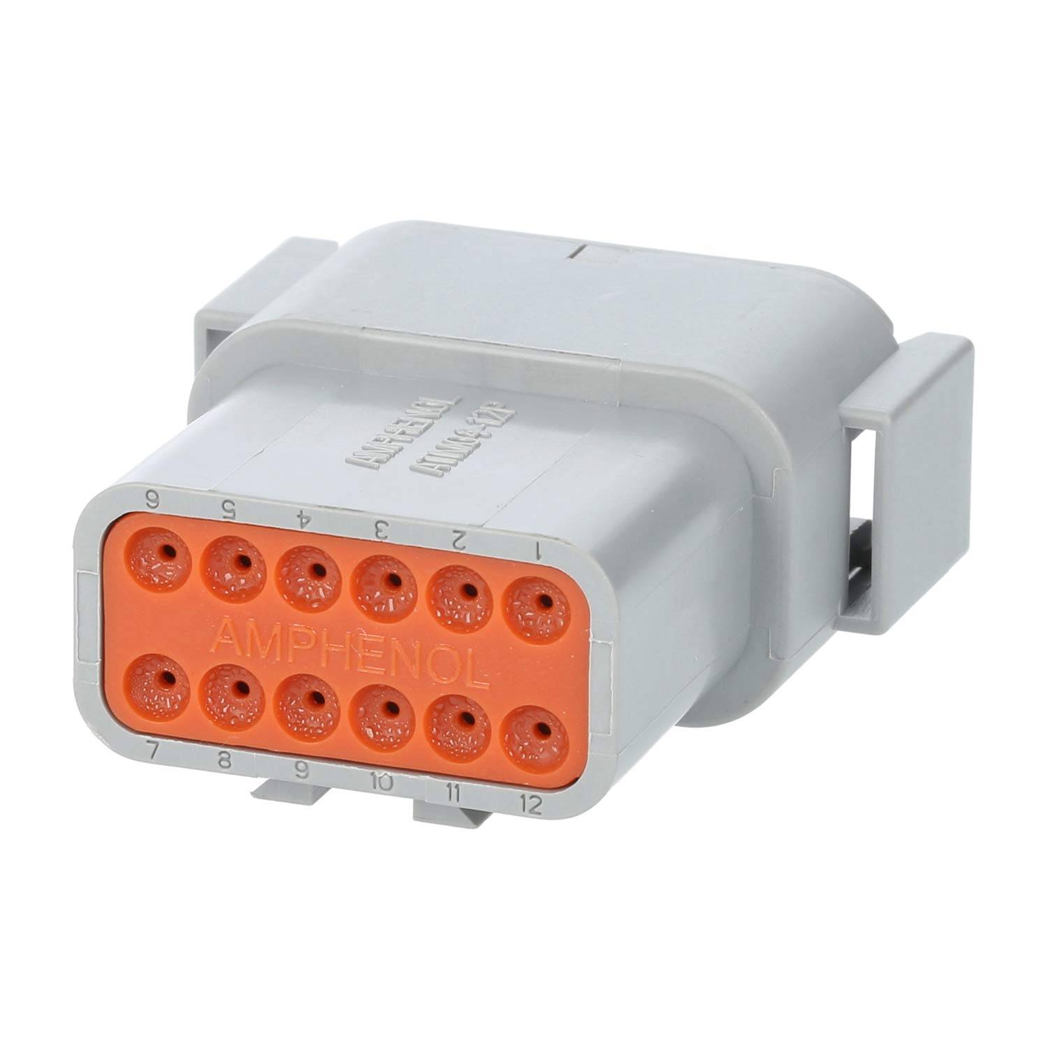Ein grau und orange farbiger elektrischer Steckverbinder mit 12 Anschlusslöchern, an der Vorderseite mit 'Amphenol' beschriftet, der für sichere elektrische Verbindungen verwendet wird.