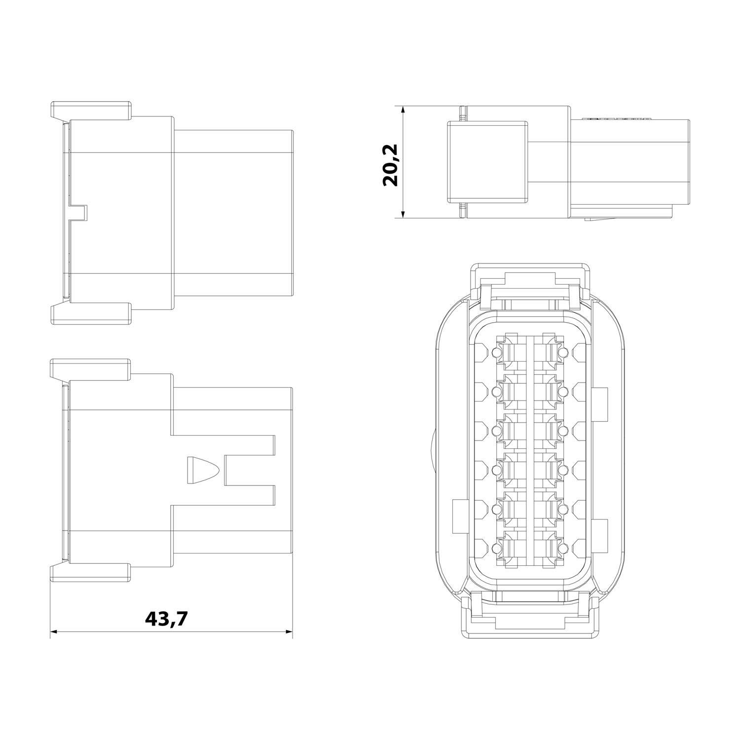 Technische Zeichnung eines elektrischen Anschlusses mit drei Ansichten: Draufsicht, Seitenansicht und Frontansicht. Abmessungen: 20,2 mm Breite und 43,7 mm Länge.
