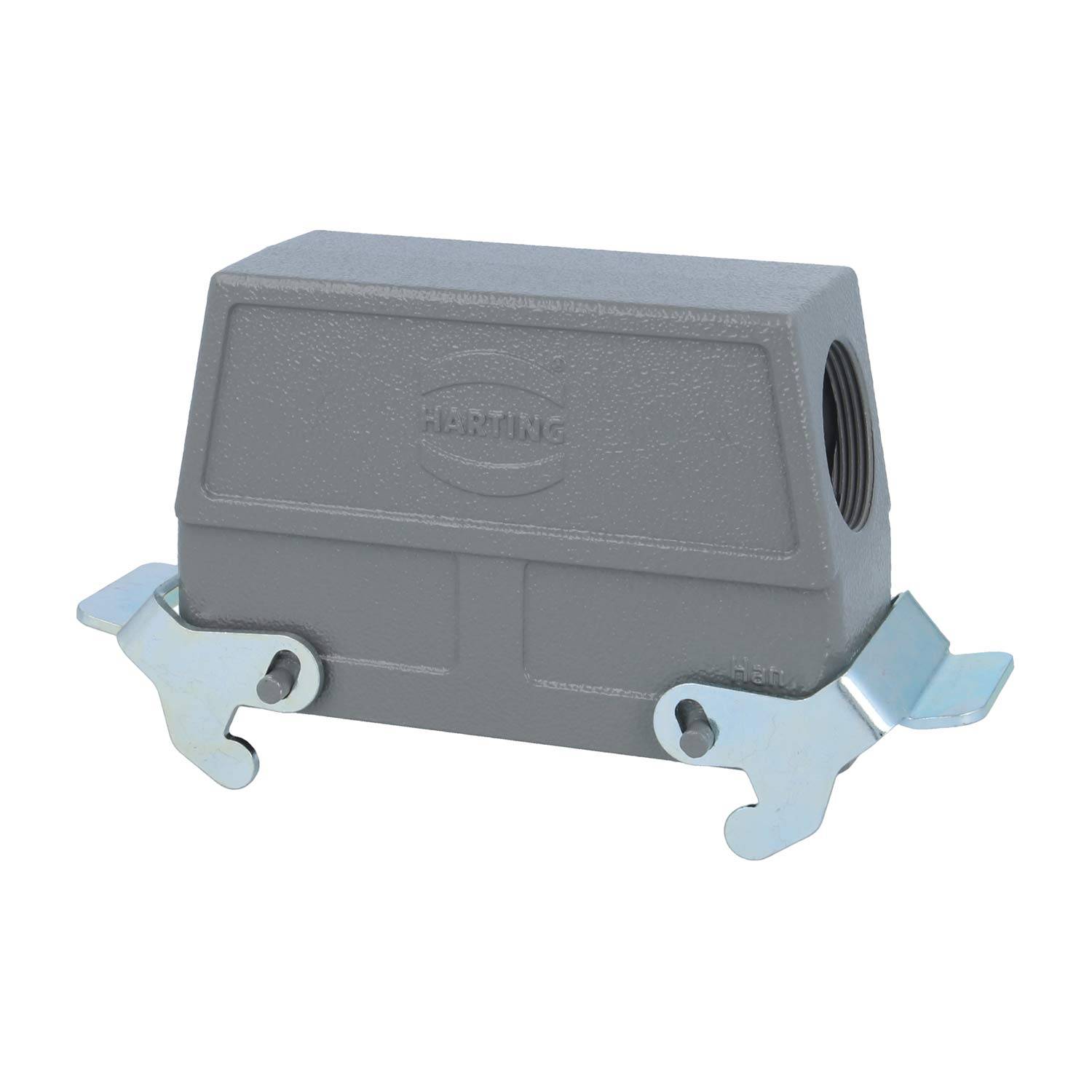 Graues industrielles Steckergehäuse mit Metallverriegelungen, eingraviert mit dem HARTING-Logo, entwickelt zur Sicherung elektrischer Verbindungen.