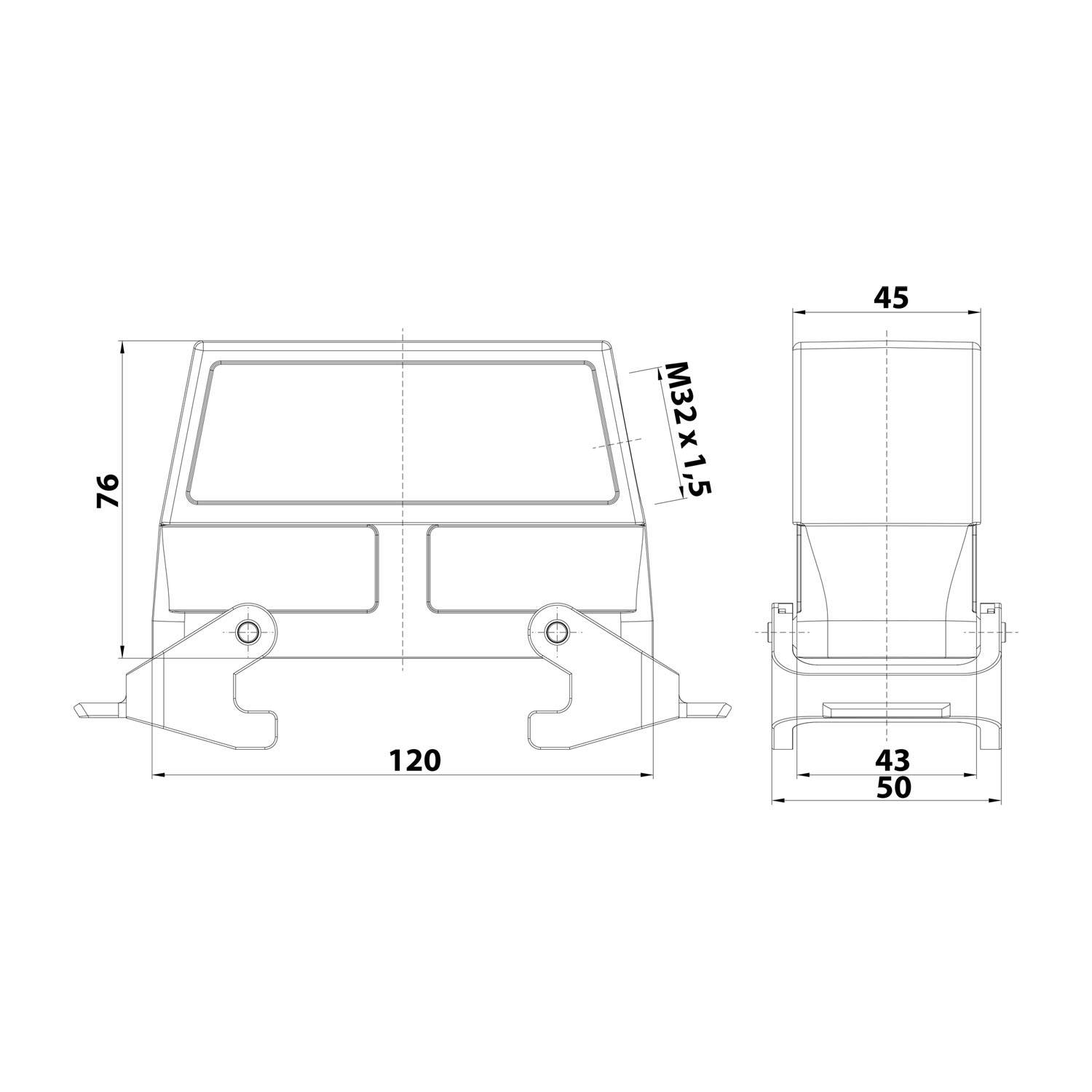 Technische Zeichnung eines rechteckigen Objekts mit Abmessungen: 120x76 mm Vorderansicht, 45 mm Breite oben, 50 mm Breite unten, Gewindegrad M32x1,5.
