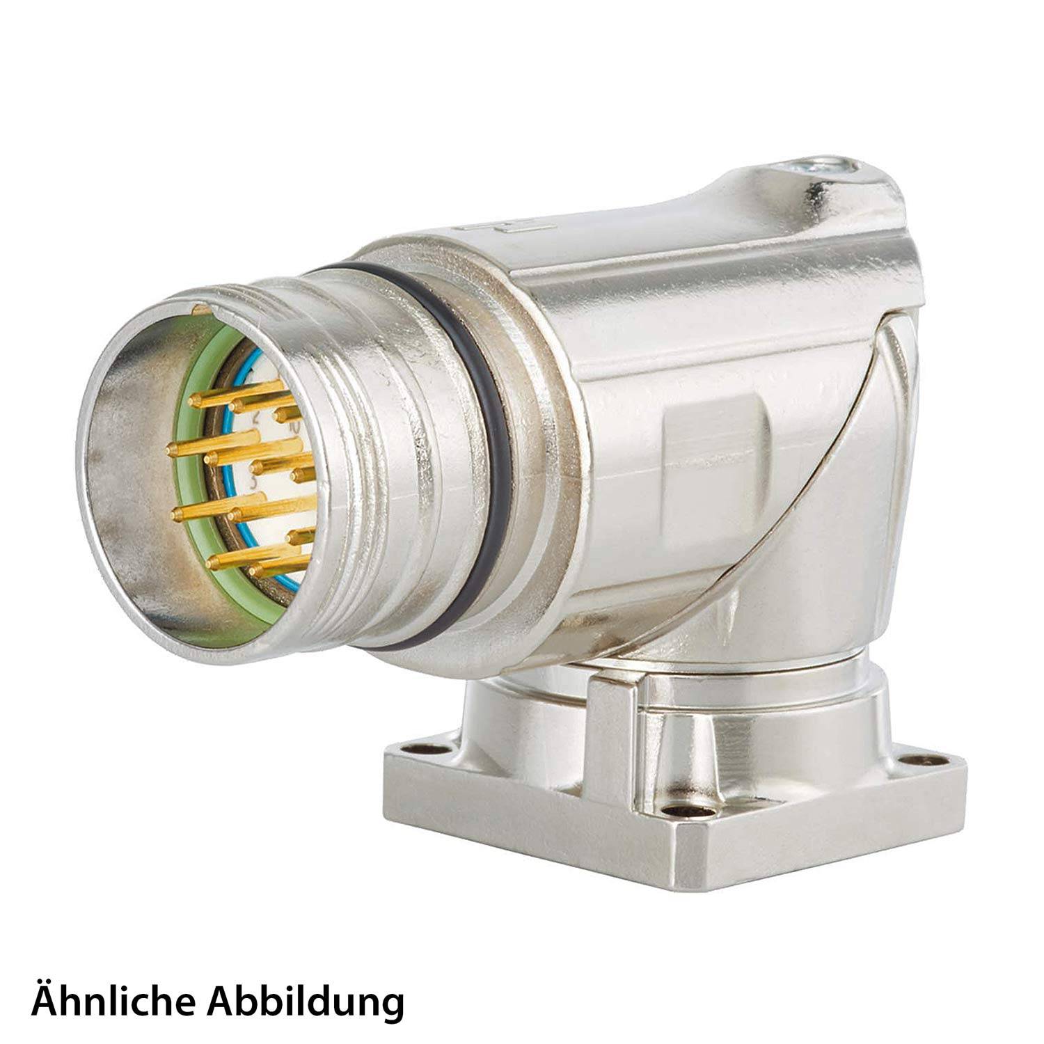 Eine ähnliche Abbildung ist gedruckt; ein gewinkelte Metallverbinder mit mehreren Goldpins und einer quadratischen Basis ist zu sehen.