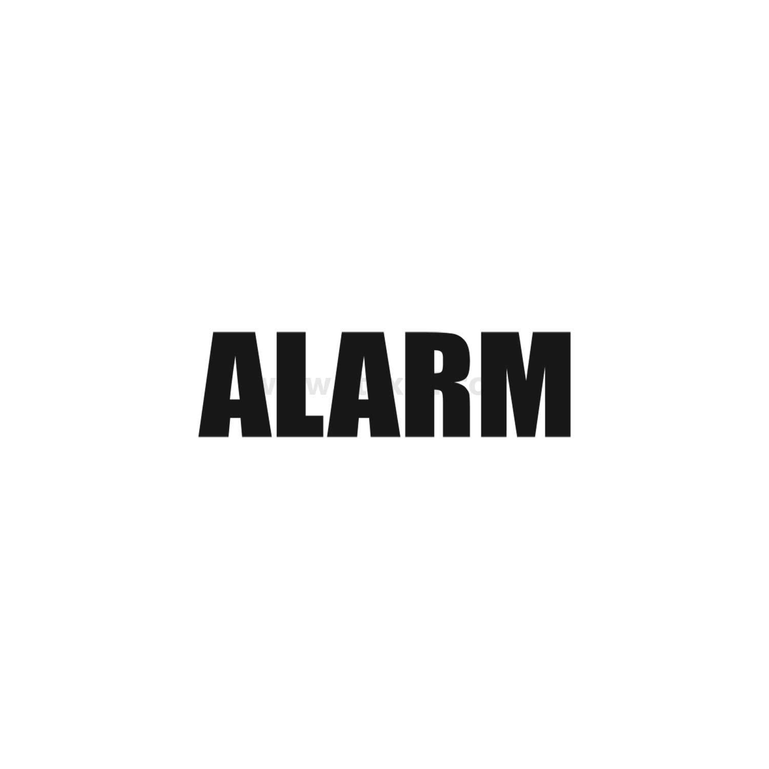 Das Bild zeigt das Wort 'ALARM' in fetten, schwarzen Großbuchstaben, zentriert auf einem weißen Hintergrund.