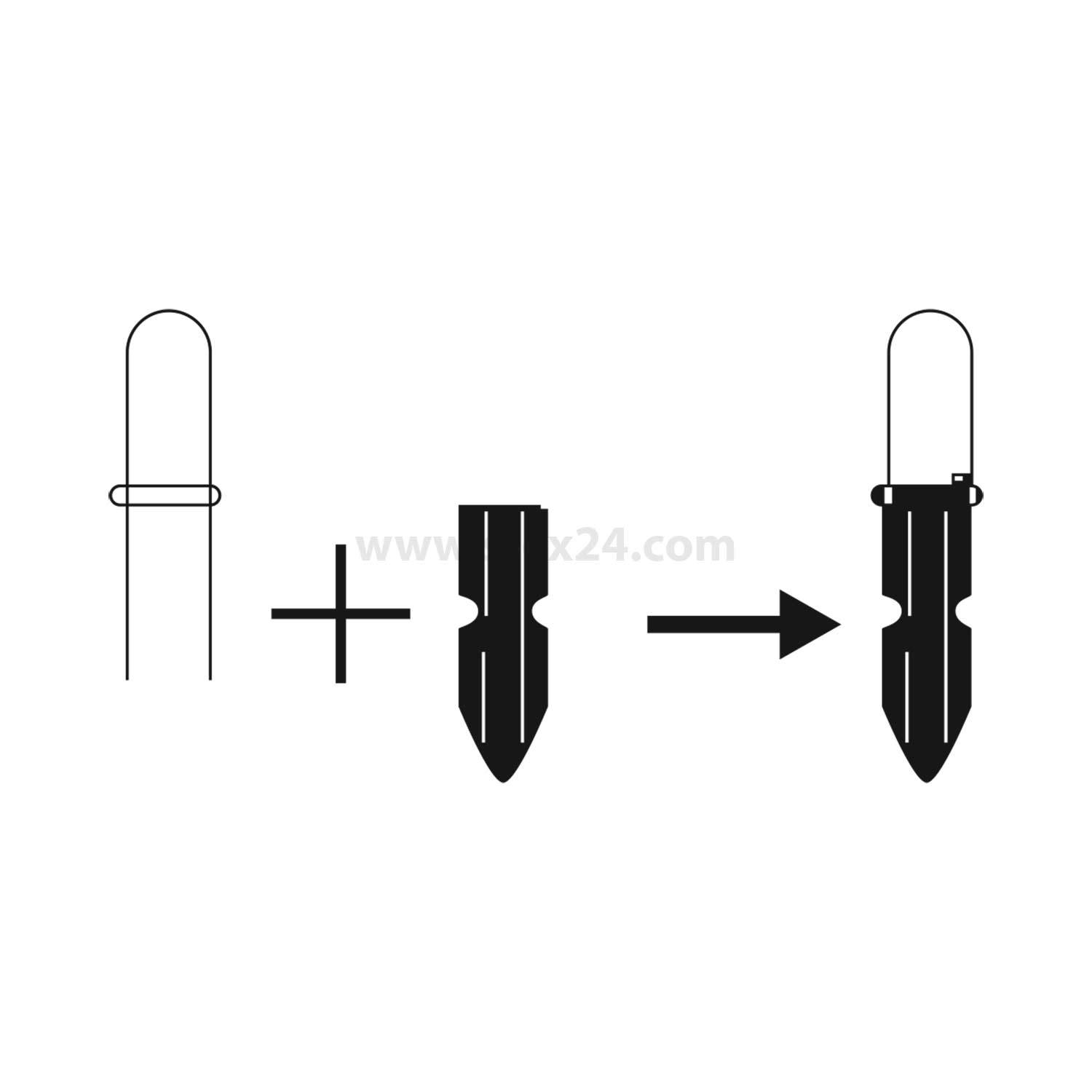 Abbildung zeigt zwei Teile und einen Pfeil, der die Zusammensetzung zu einem einzelnen Teil mit abgerundeter Oberseite und spitzer Basis anzeigt.