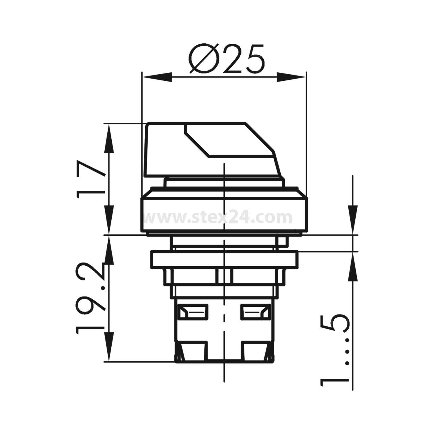 Schalterskizze eines Drucktasters mit Maßen: Durchmesser 25 mm, Höhe 19,2 mm, sichtbare Höhe 17 mm, Länge hinten verstellbar 1-5 mm.