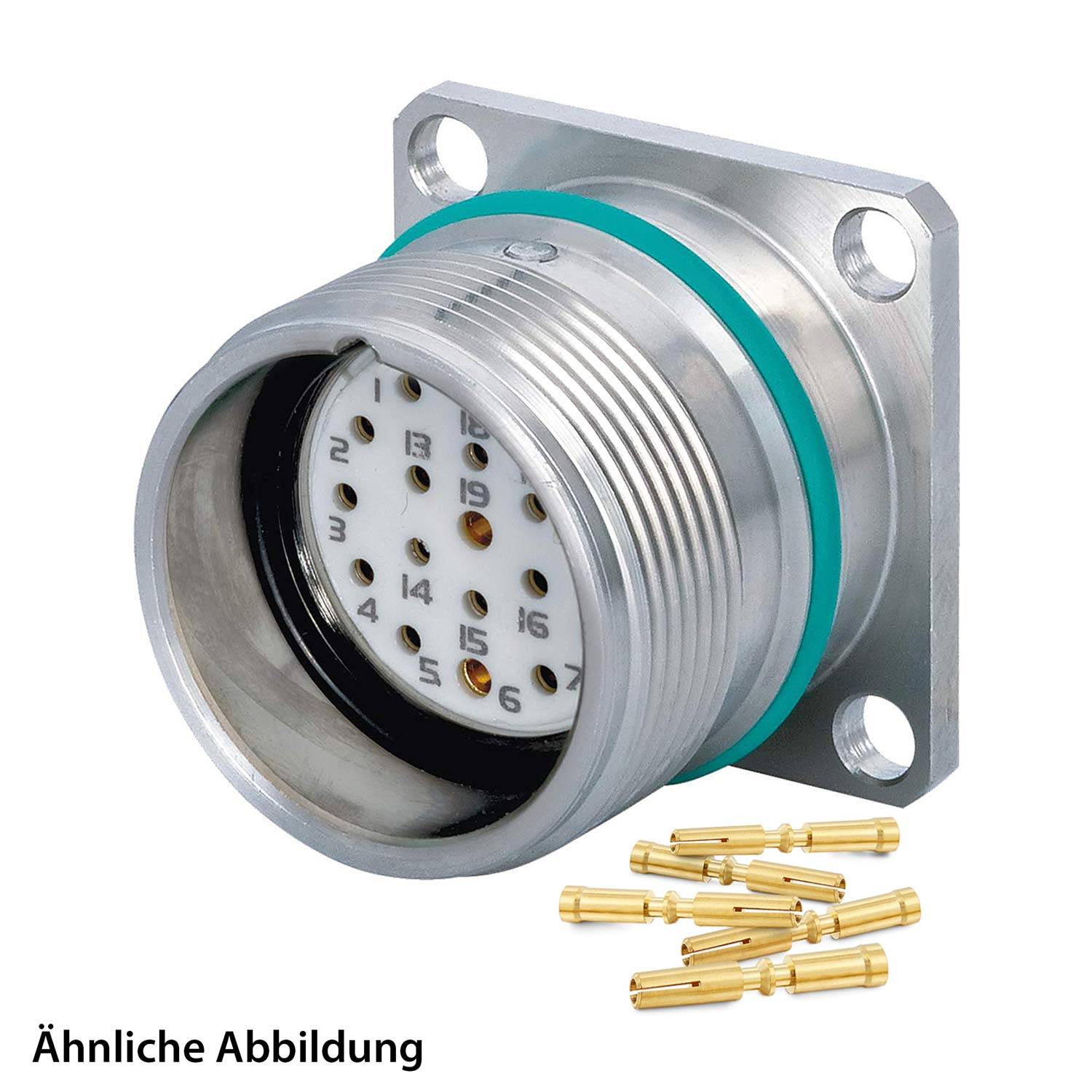 „Ein metallischer Rundsteckverbinder mit mehreren Pins und einer Montageplatte, der für industrielle oder elektronische Anwendungen konzipiert ist.