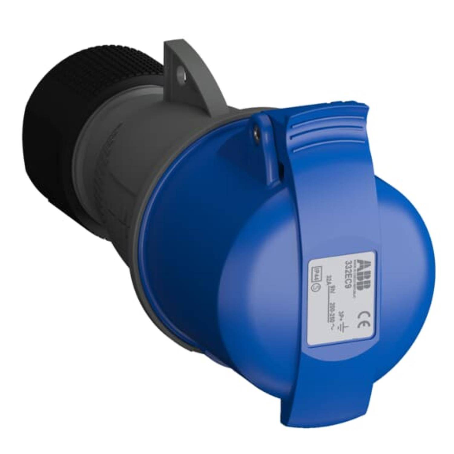 Wandmontierter Industriestecker mit blauem Gehäuse, gekennzeichnet mit 32A, 6h, 3P+E. Ausgestattet mit Schraublöchern zur Befestigung und Anzeige für Polarität.