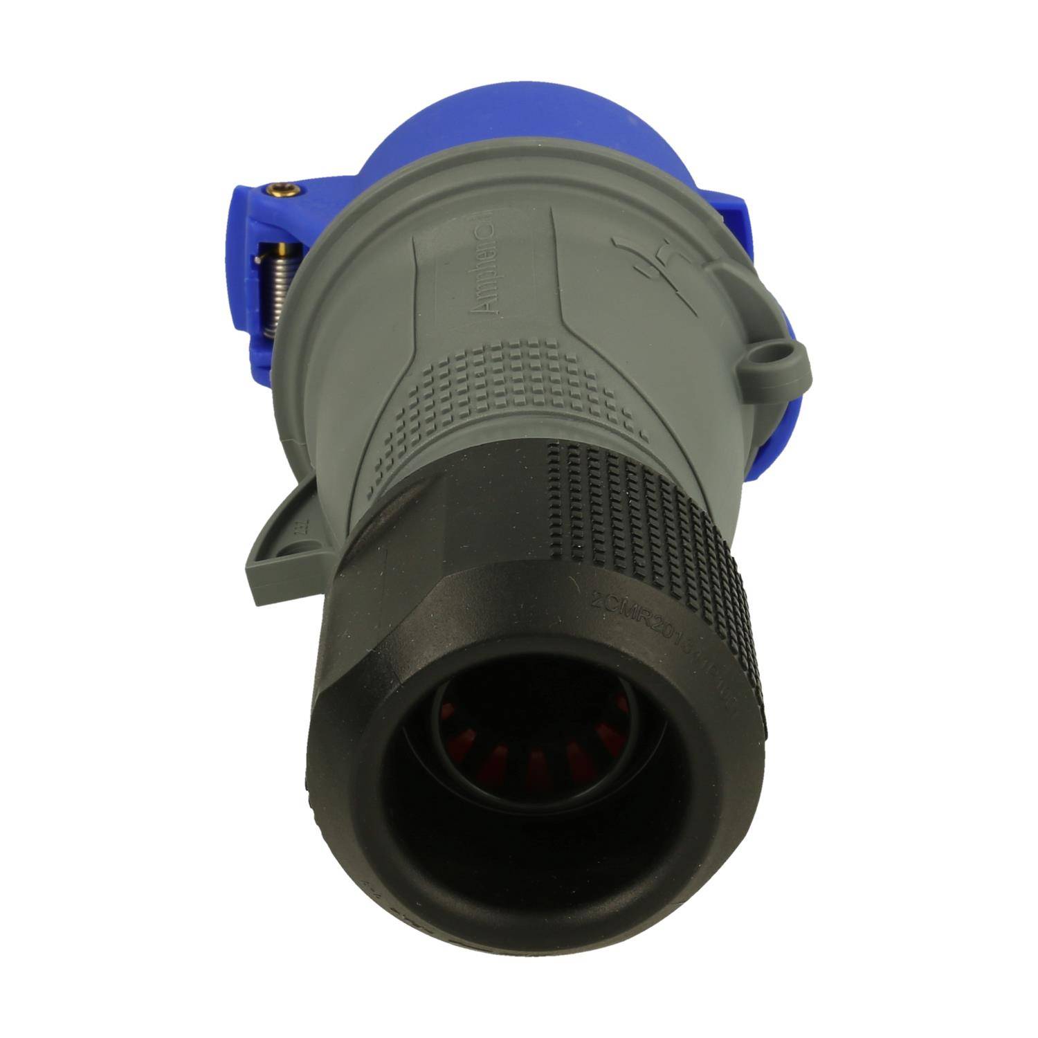 Ein blauer und grauer industrieller Stromstecker mit geripptem Griff, Frontansicht.