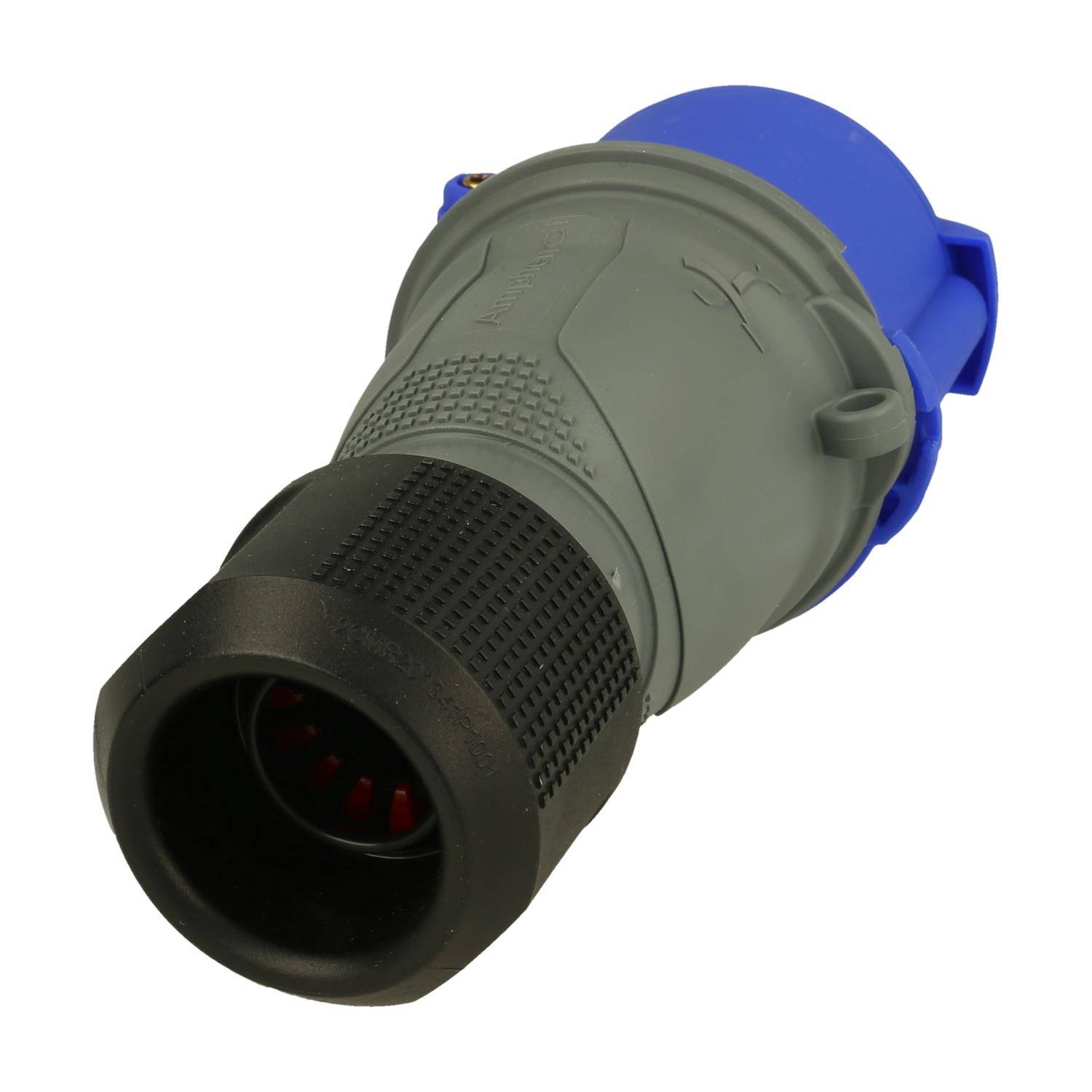 Ein blauer und schwarzer industrieller Stromstecker mit einem grauen Griffbereich, verwendet für robuste elektrische Verbindungen.