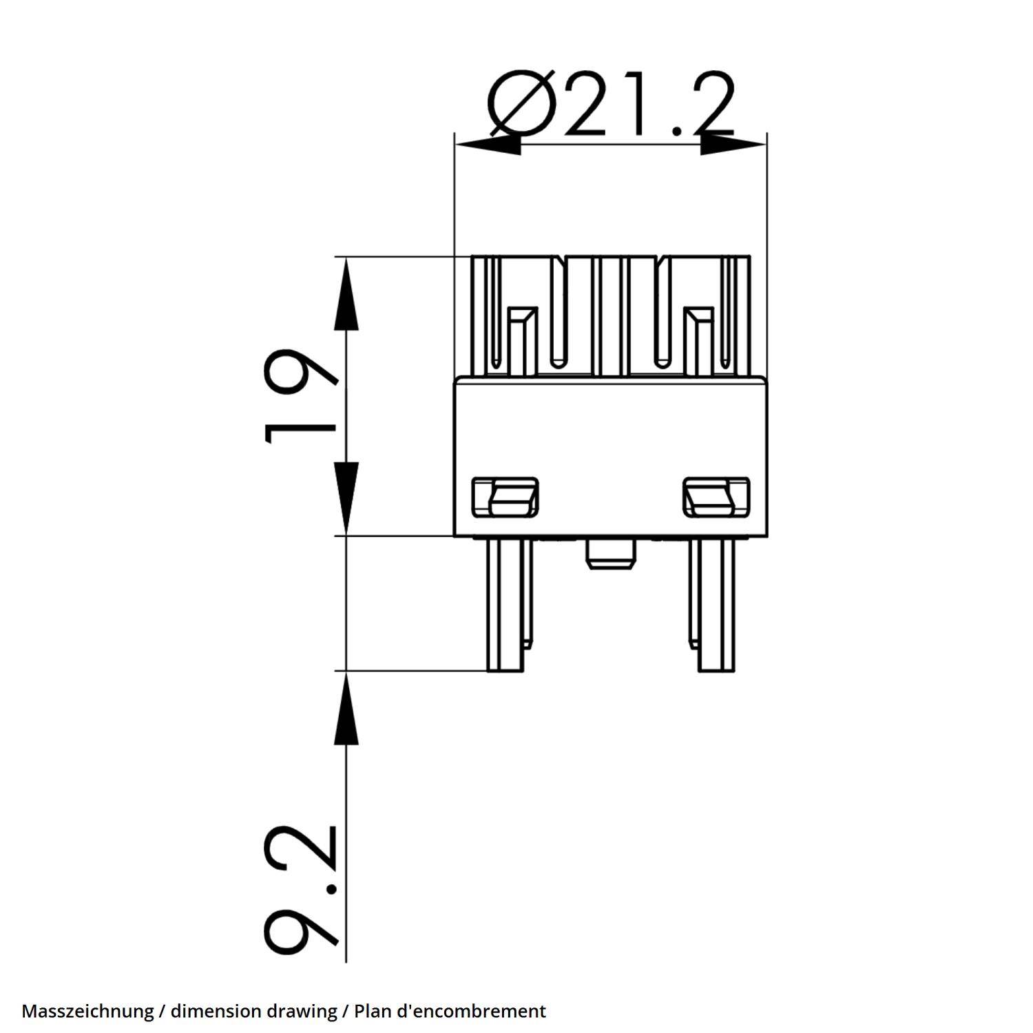 Maßzeichnung eines zylindrischen Objekts mit einem Durchmesser von Ø21,2, einer Höhe von 19 und einer Bodenmessung von 9,2.