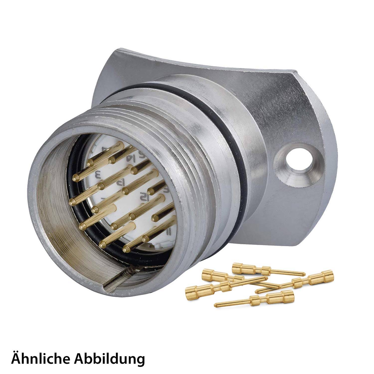 Ein metallischer elektronischer Anschluss mit mehreren Goldstiften, montiert auf einer kreisförmigen Basis. Text im Bild liest sich: 
