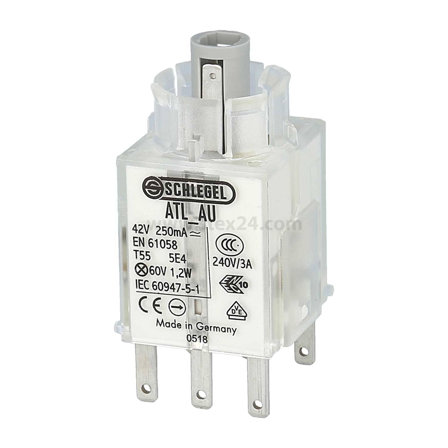 Eine transparente elektrische Komponente von Schlegel mit der Bezeichnung 'ATL_AU' mit folgenden Spezifikationen: 42V 250mA, 240V/3A, 60V 1,2W und IEC-Normen.