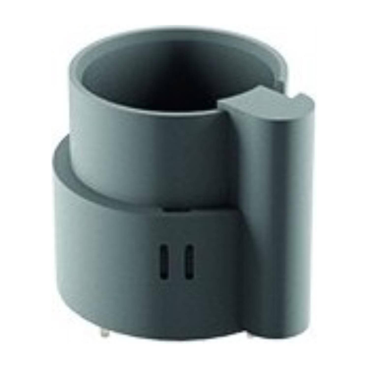 Ein grauer zylindrischer Gegenstand mit einem hohlen Kern und einem seitlich hervorstehenden Abschnitt.