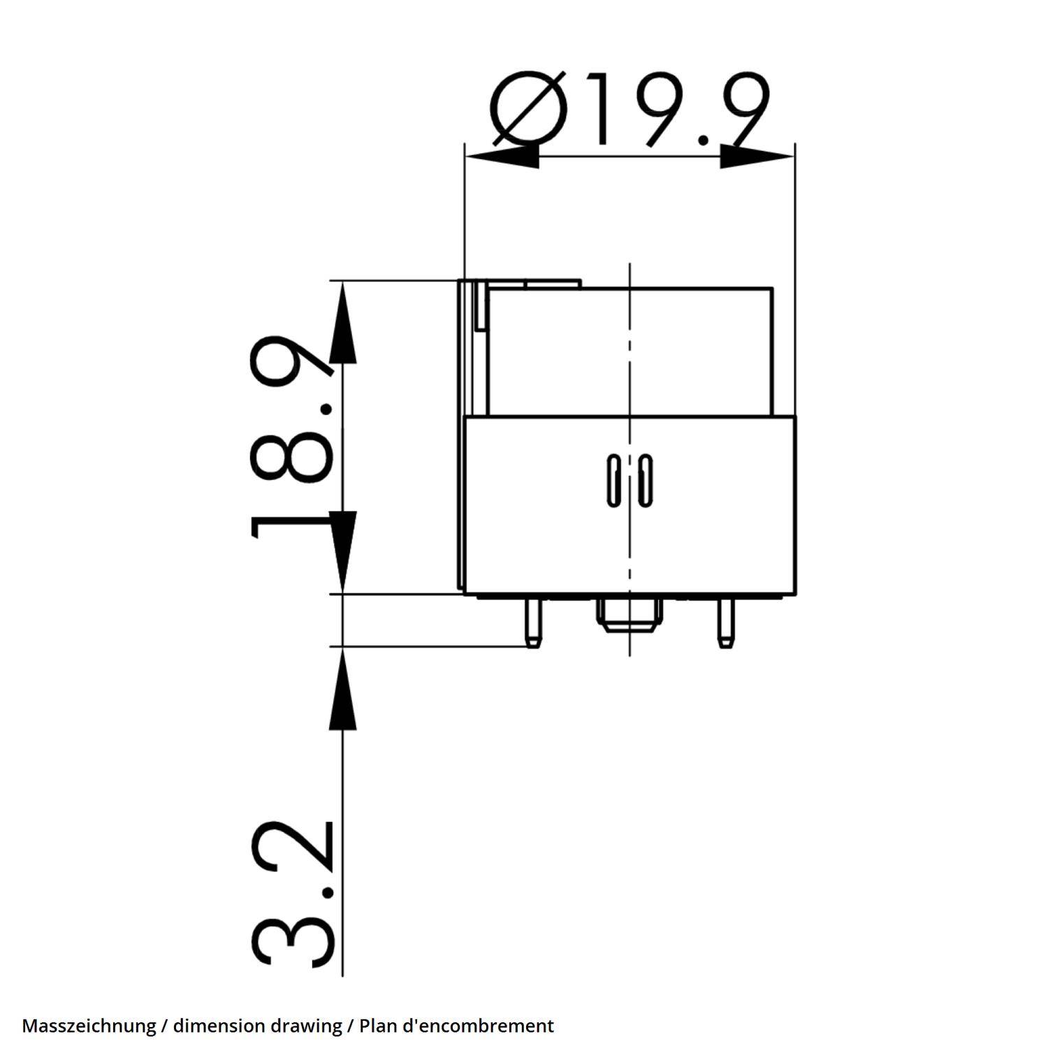 Dimensionszeichnung eines kastenähnlichen Objekts mit oberen und seitlichen Abmessungen von 19,9 und 18,9 sowie einer Bodenmessung von 3,2.