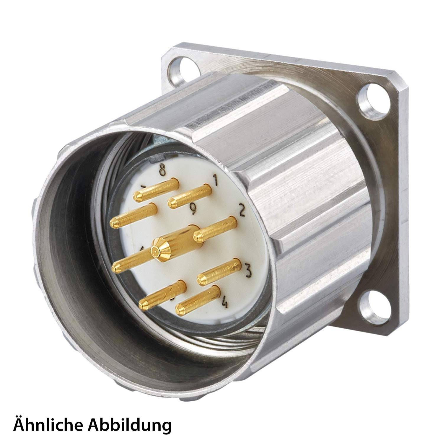 Ein zylindrischer Metall-Elektroanschluss mit fünf Goldstiften im Inneren, beschriftet mit Nummern. Die Basis verfügt über vier Befestigungslöcher.