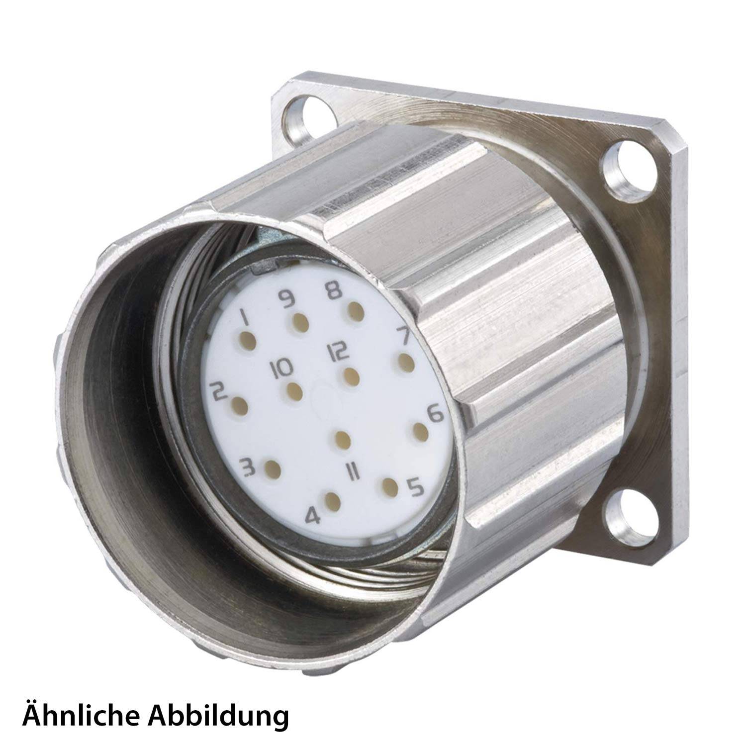 Metallischer zylindrischer Anschluss mit kreisförmiger Anordnung von Kontaktstiften im Inneren für elektrische Verbindungen, montiert auf einer quadratischen Basis.