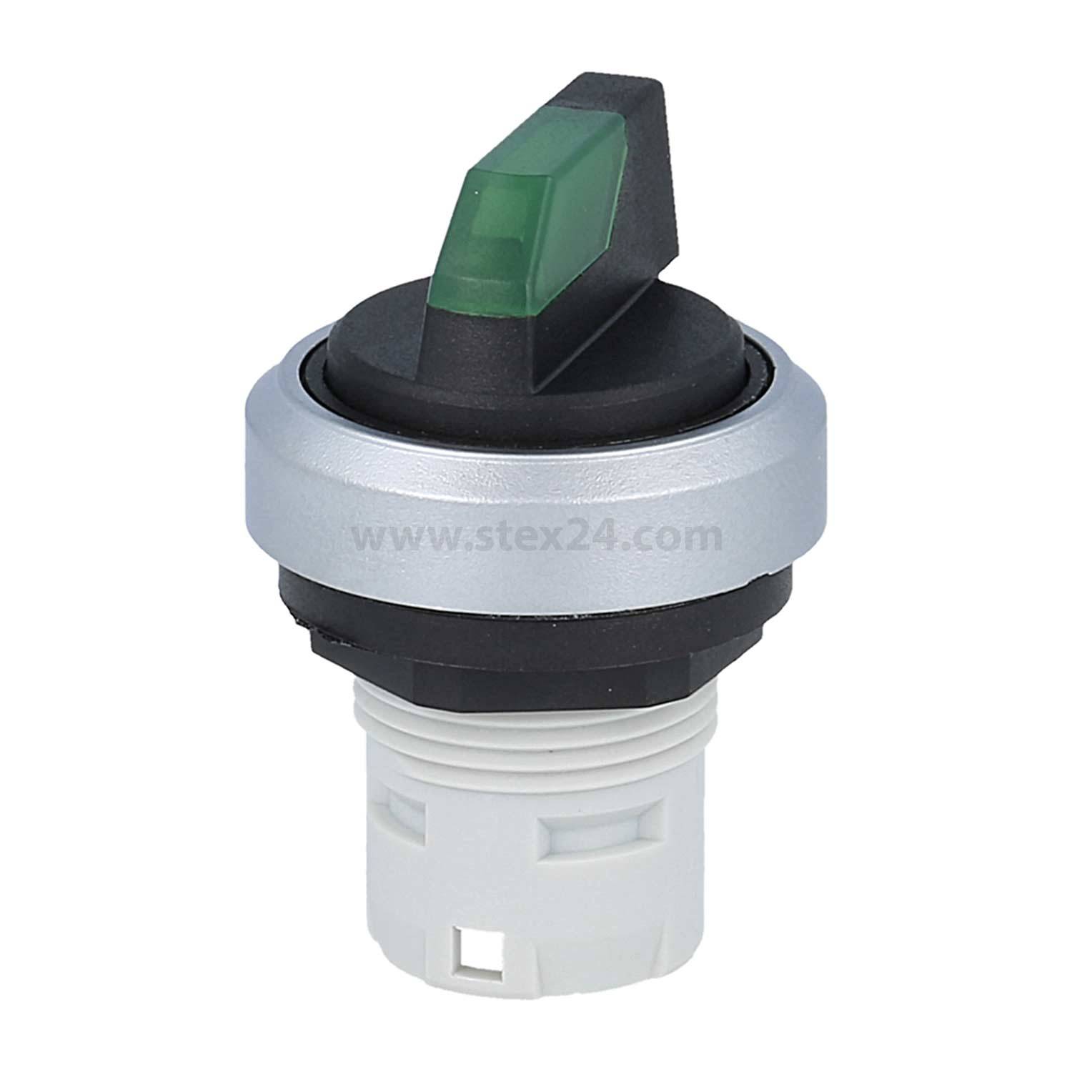 Rotary-Schalter mit grüner Anzeige, silberner Blende und weißer Basis. Verwendet zur Steuerung elektrischer Geräte.
