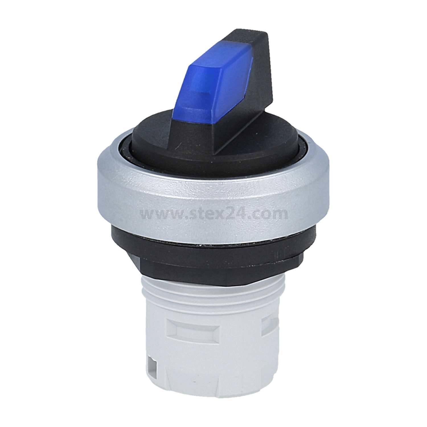 Ein blauer Drehschalter mit silberner Basis und weißer Befestigung, der für Kontrollpanels oder elektronische Geräte verwendet wird.