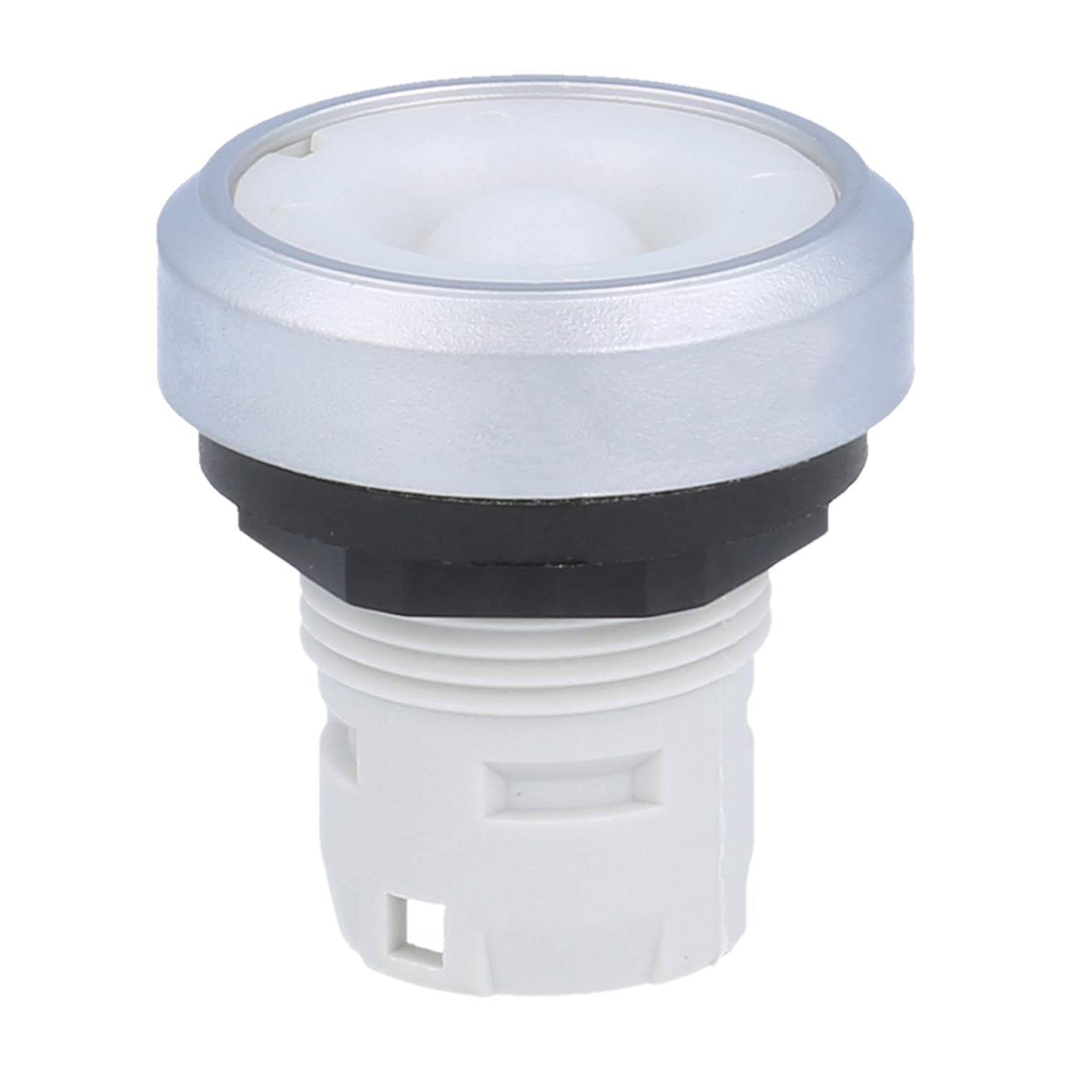 Ein Drucktaster mit einer runden metallischen Oberseite und einer weißen Basis, konzipiert für elektrische Schaltkreise oder Steuerungstafeln.