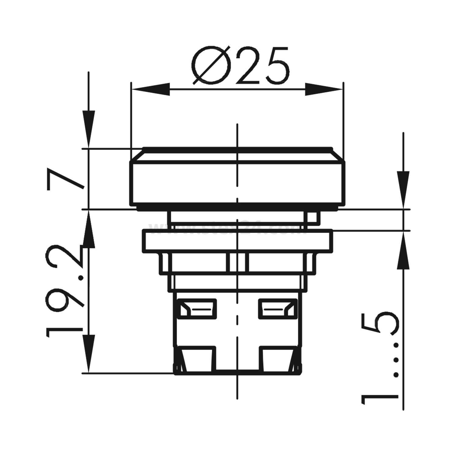 Querschnittliche technische Darstellung einer zylindrischen Komponente mit Maßangaben: Durchmesser Ø25, Höhe 19,27 und Basentiefe 1,5.