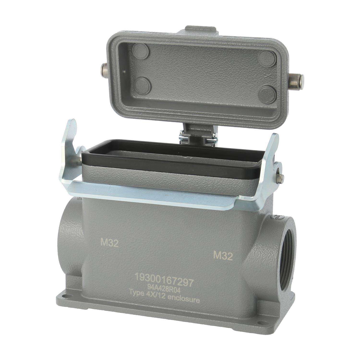 04300167297 HARTING Han 16B Sockelgehäuse hoch, 2xM32 seitlicher Kabelabgang, mit 1 Längsbügel mit Schutzkappe Metall -