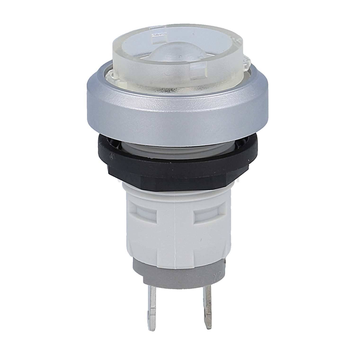 Ein Druckschalter mit kreisförmiger Form, transparentem Oberteil, silbernem Rand und weißer Basis, ausgestattet mit zwei Metallstiften für elektrische Verbindungen.