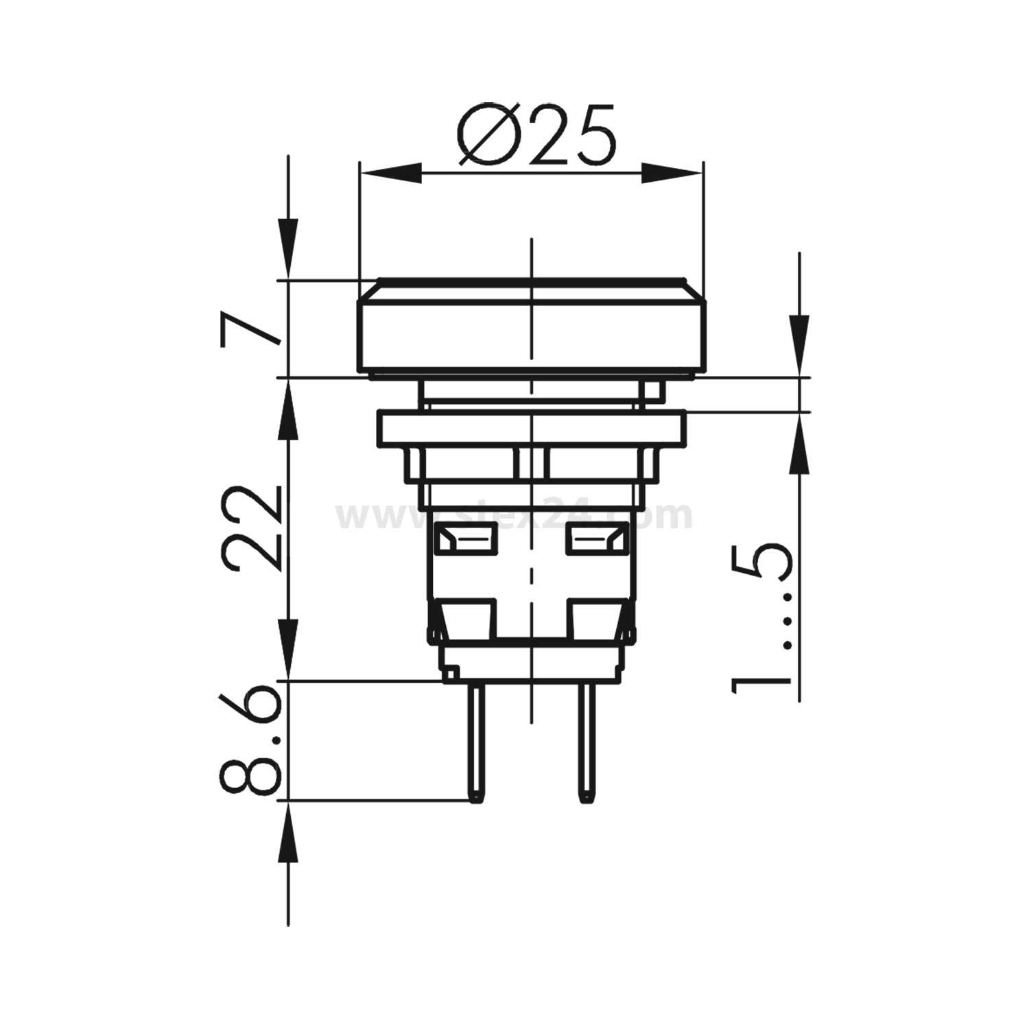 Technische Zeichnung eines Tastschalters mit Maßen; Durchmesser oben 25 mm, Höhe 7 mm, Basishöhe 22 mm, Anschlusslänge 8,6 mm-15 mm.