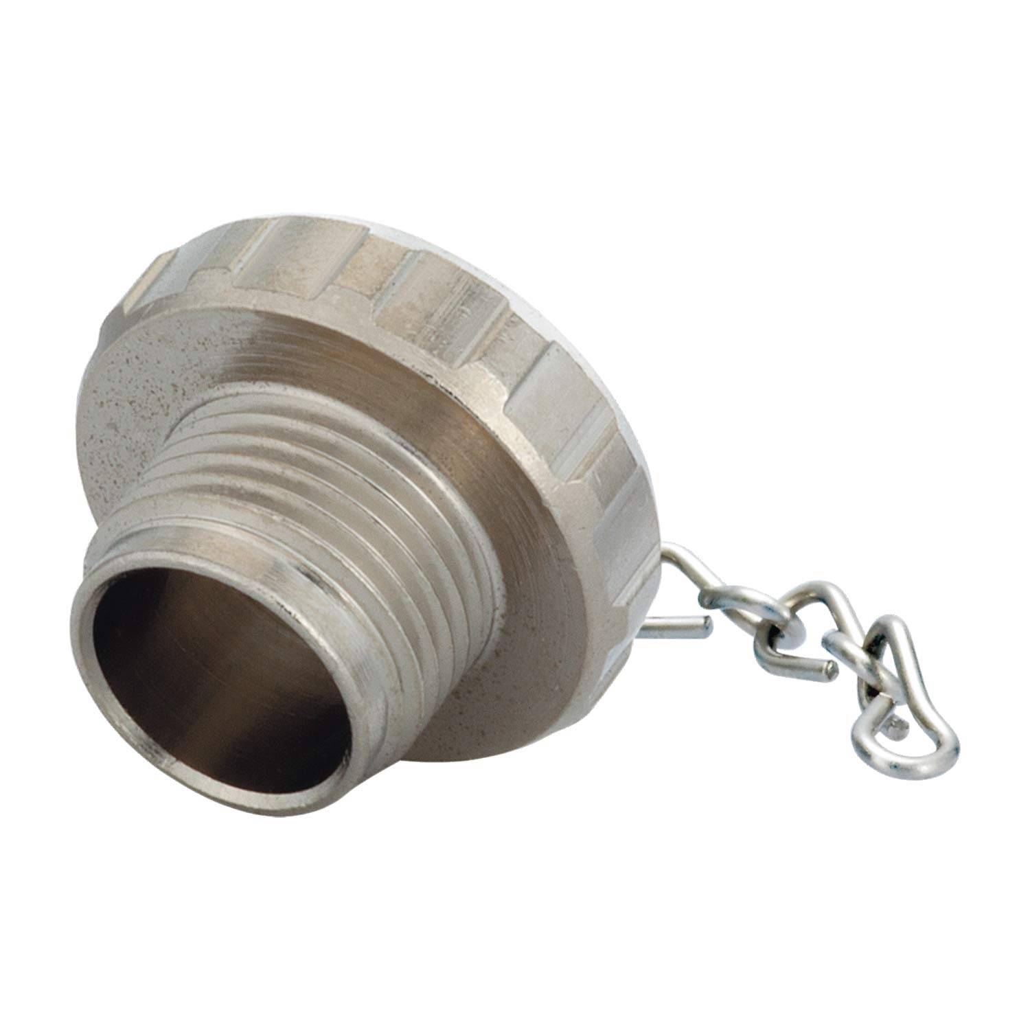 Eine Metallschraubkappe mit einer Kette, wahrscheinlich zum Verschließen eines Behälters oder einer Rohrleitung, die vor einem weißen Hintergrund abgebildet ist.