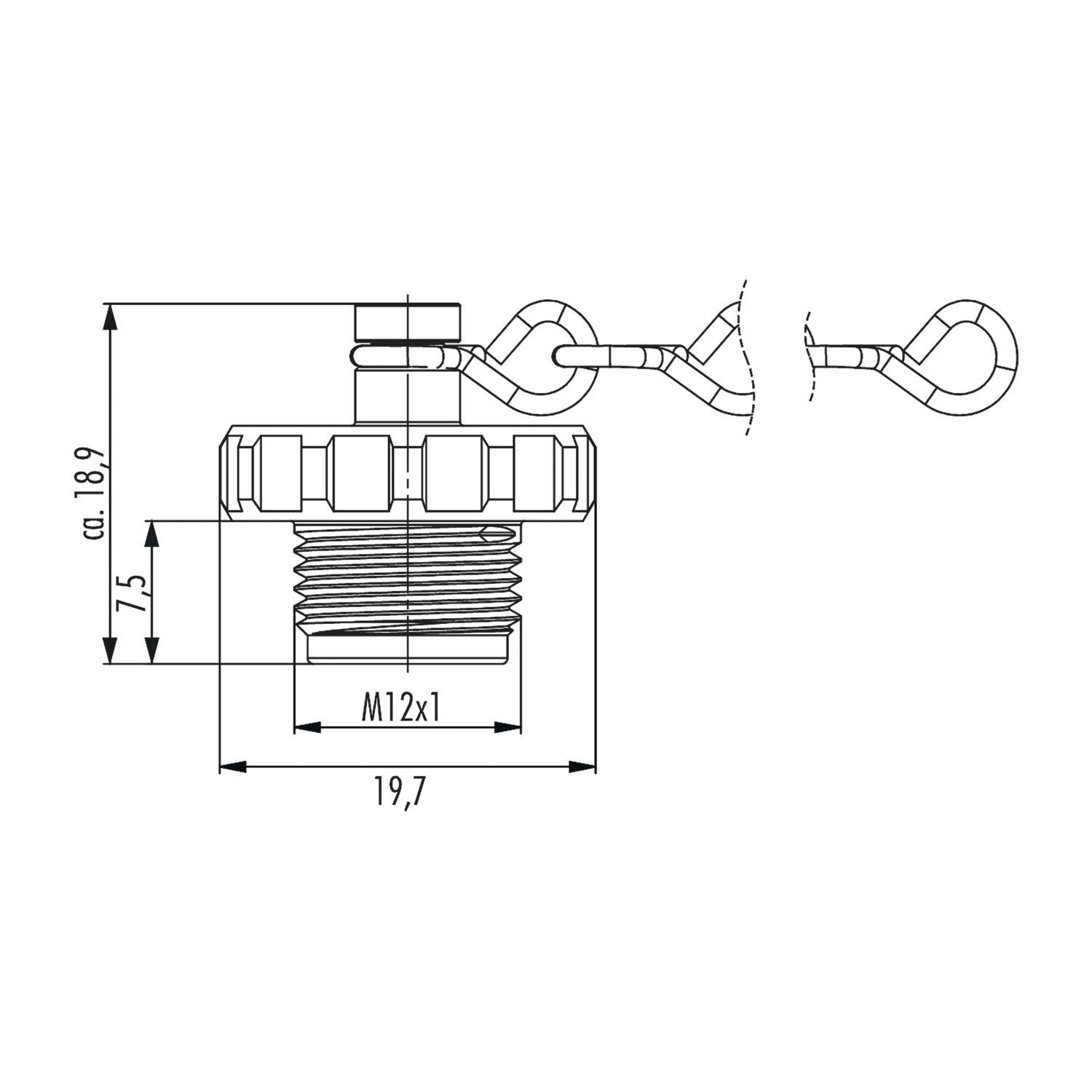 Technische Zeichnung eines Gewindeelements mit M12x1 Gewinde, sechseckiger Mutter und Drahtanschlüssen, mit detaillierten Maßangaben.