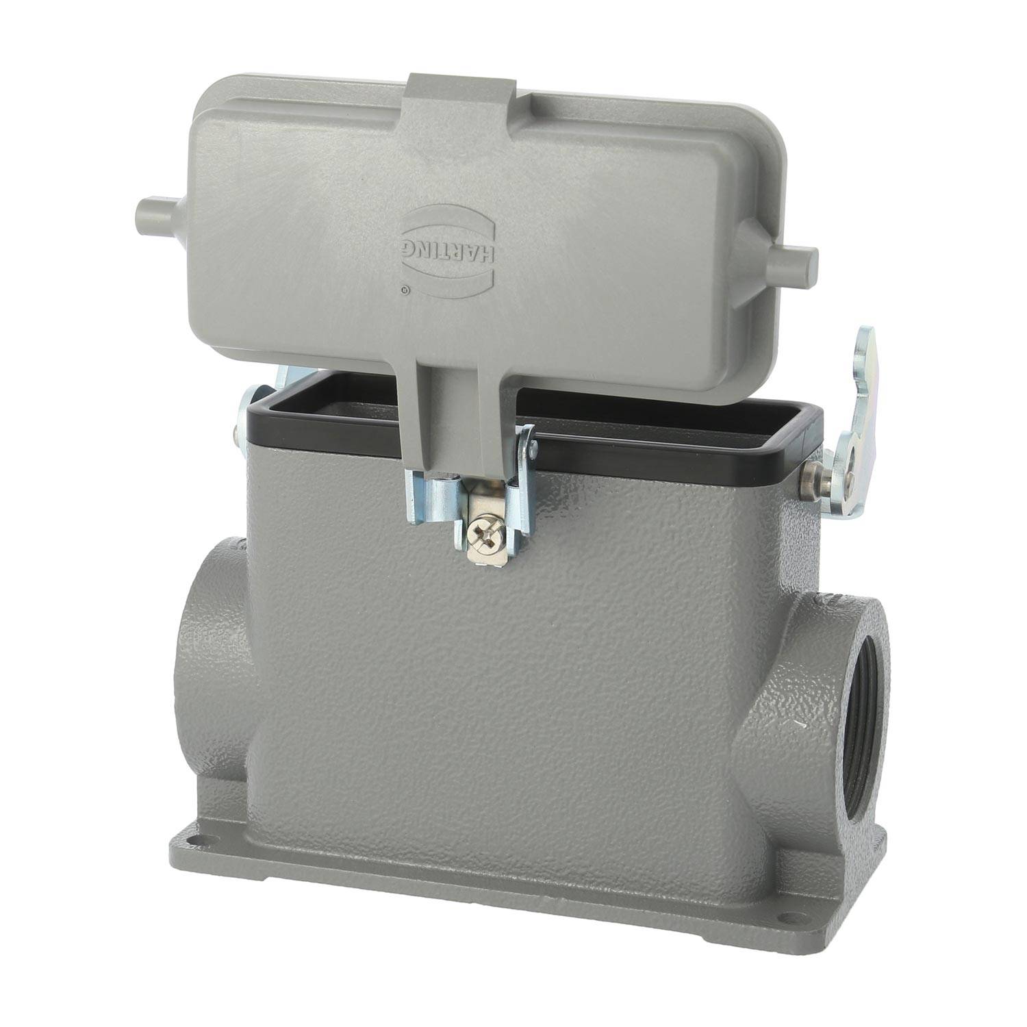 Robuster industrieller Steckverbinder mit rechteckiger Grundfläche und klappbarem Schutzdeckel in grau. Verwendet für sichere elektrische Verbindungen.