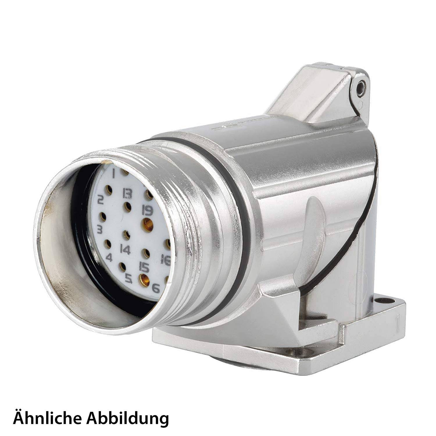 Ein metallischer industrieller Steckverbinder mit mehreren Pins im Inneren, der für elektronische oder mechanische Verbindungen verwendet wird. Text liest sich 