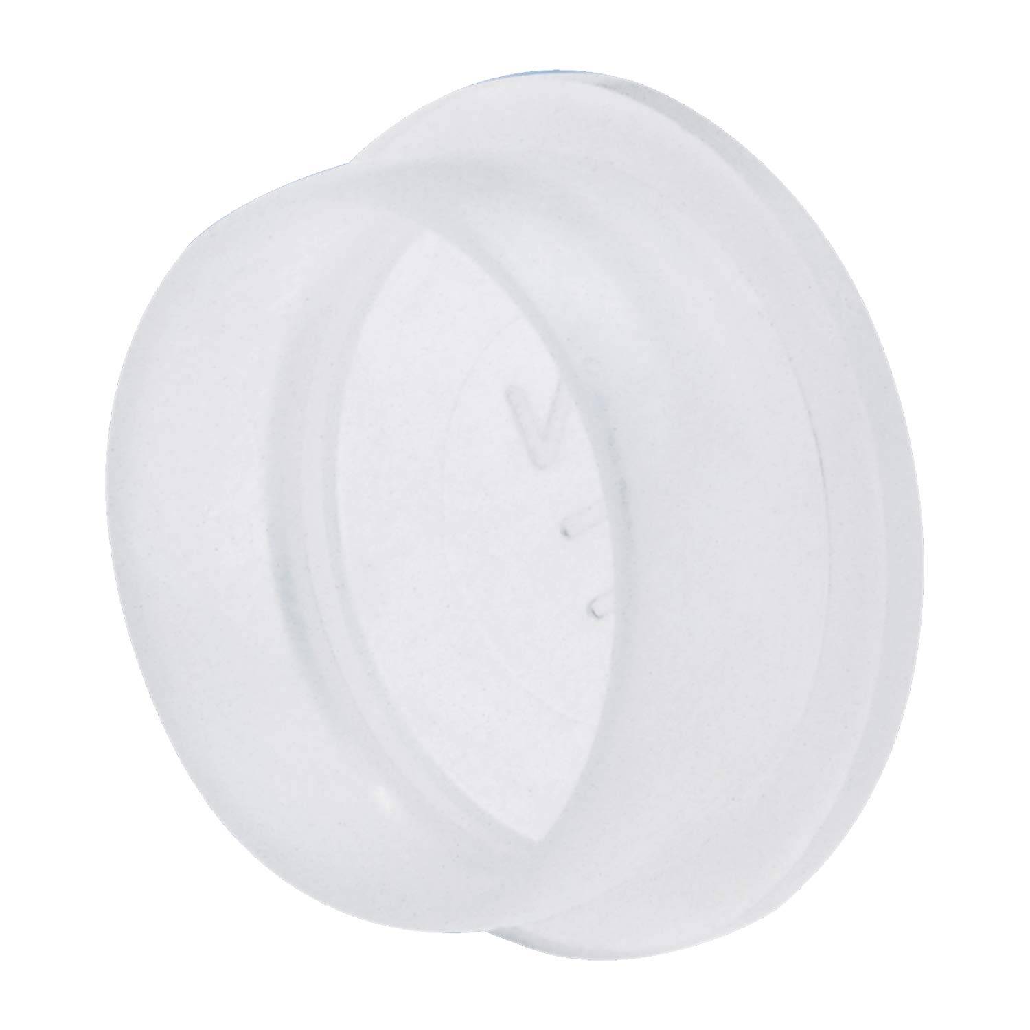 Eine klare, kreisförmige Kunststoffkappe, wahrscheinlich als Schutzabdeckung für ein kleines zylindrisches Objekt verwendet, vor einem schlichten Hintergrund.