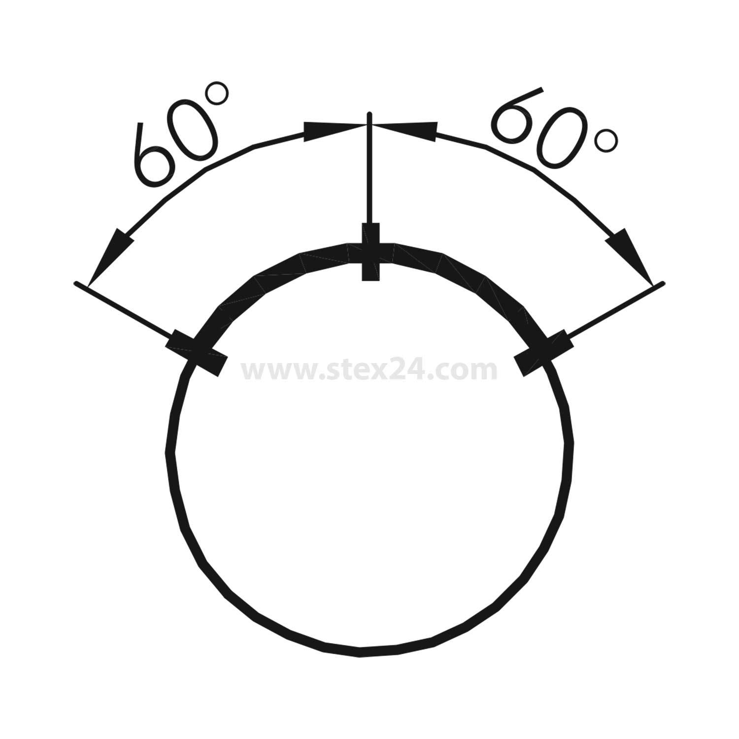 Diagramm eines Kreises mit zwei Linien, die sich vom Mittelpunkt erstrecken und an jeder Seite einen 60-Grad-Winkel bilden, wobei Symmetrie angedeutet wird.