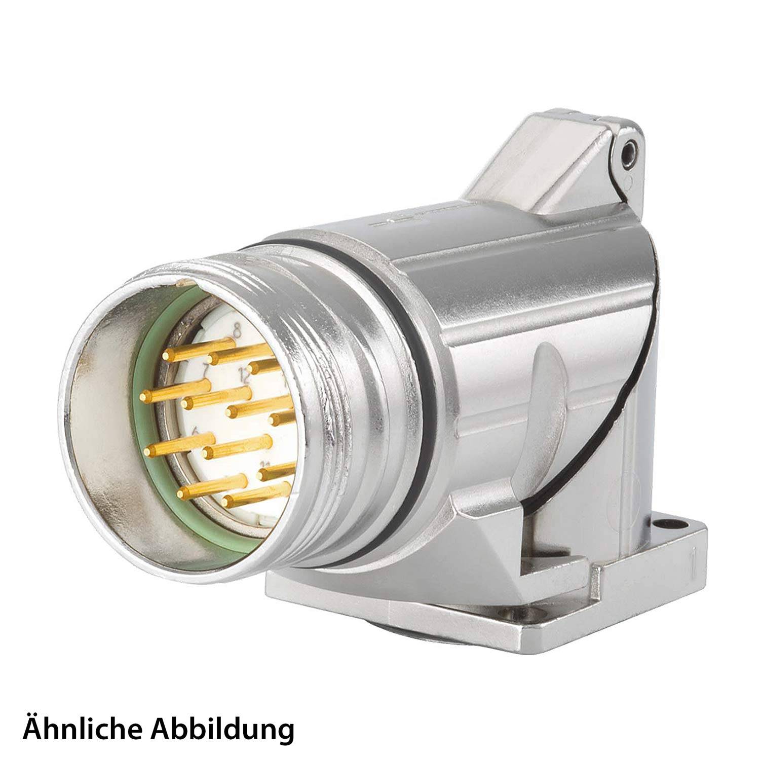 Rechtwinkeliger Mehrfach-Steckverbinder mit metallischem Gehäuse und gelben Innenstiften, geeignet für industrielle Anwendungen.