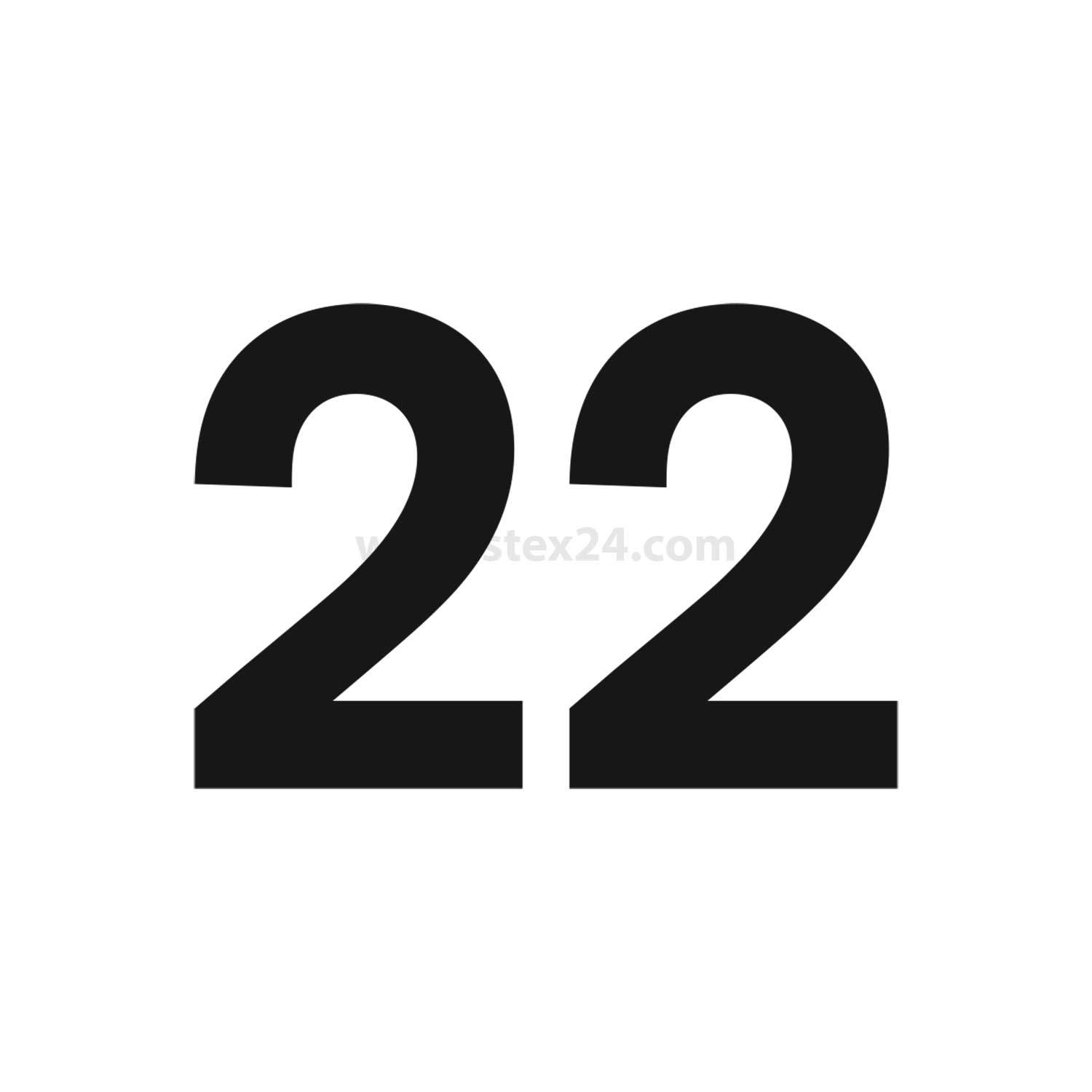 Das Bild zeigt die Zahl '22' in fett gedruckten schwarzen Buchstaben vor einem einfarbigen weißen Hintergrund.