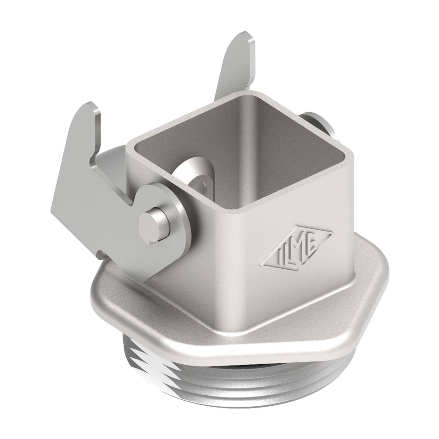 Ein metallisches, quadratisches industrielles Verbindungsgehäuse mit einem Logo, das eine Gewindebase und einen Verriegelungsmechanismus für eine sichere Befestigung aufweist.