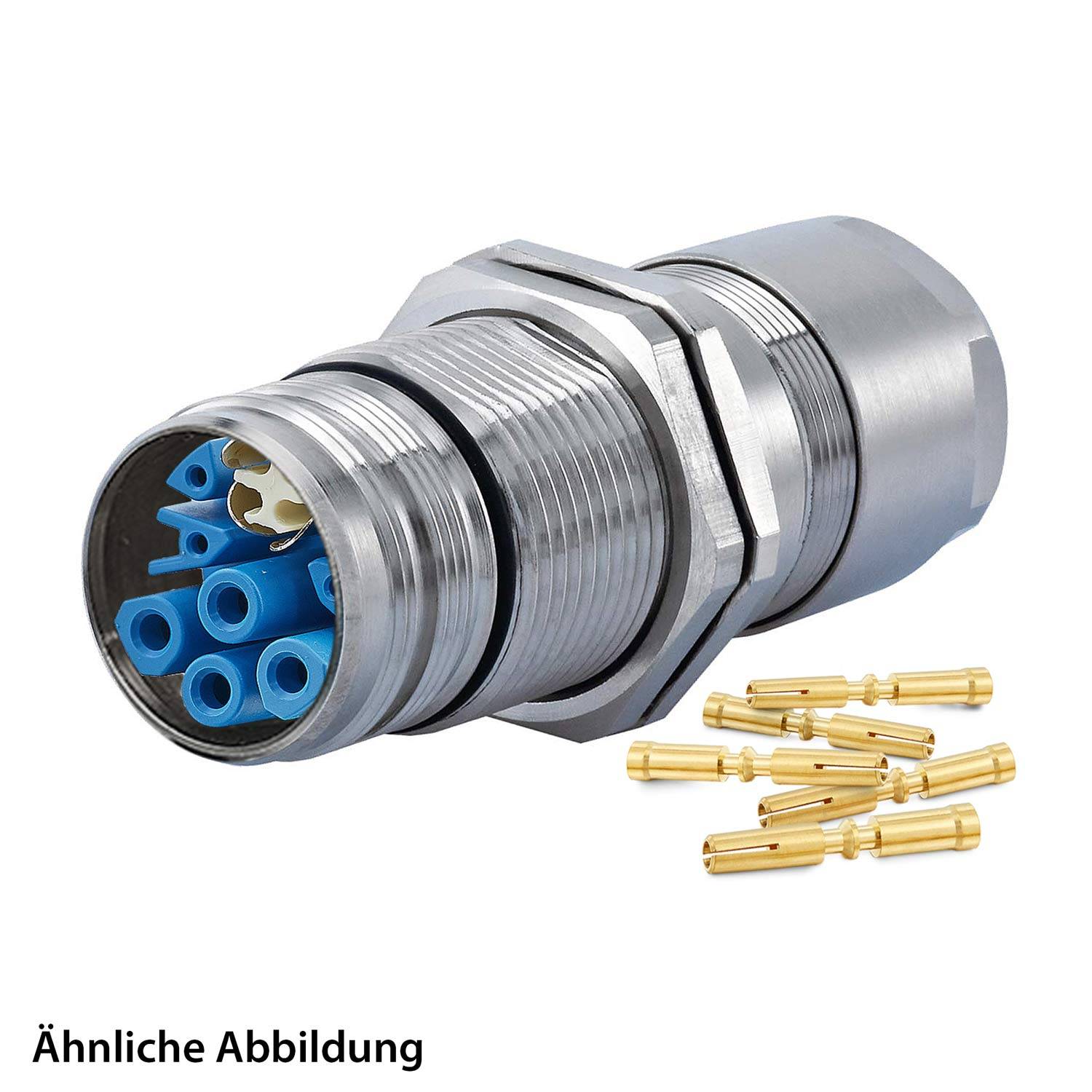 Ähnliche Abbildung: Ein industrieller Metallverbinder mit mehreren blauen und weißen Anschlüssen neben mehreren Goldstiften.