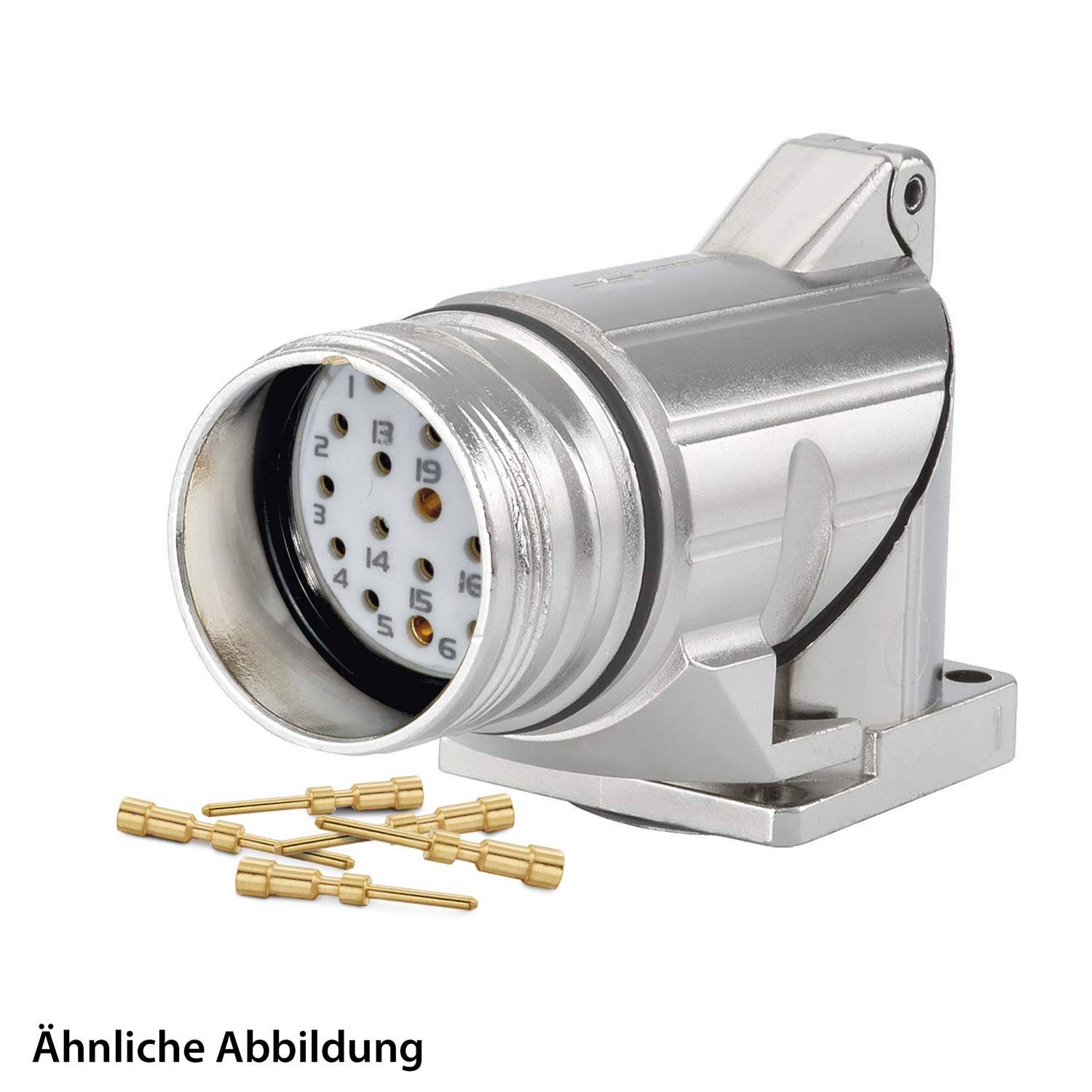 Silberne mechanische Komponente mit nummeriertem Zifferblatt, schräge Frontansicht, begleitet von kleinen Goldstiften auf weißem Hintergrund.