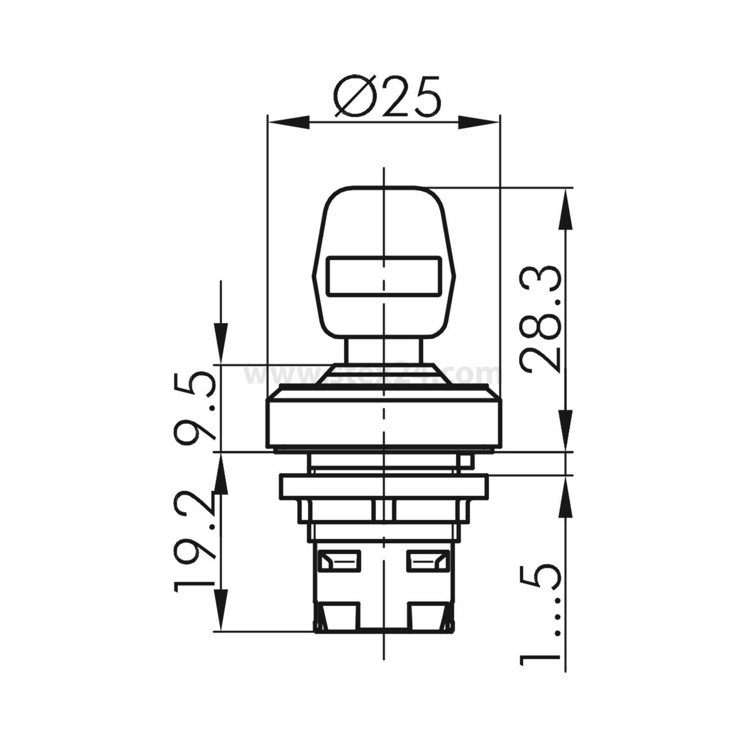 Das Bild ist ein technisches Diagramm, das die Abmessungen eines Tasterschalters zeigt. Der obere Durchmesser beträgt 25 mm, und die Gesamthöhe beträgt 28,3 mm.