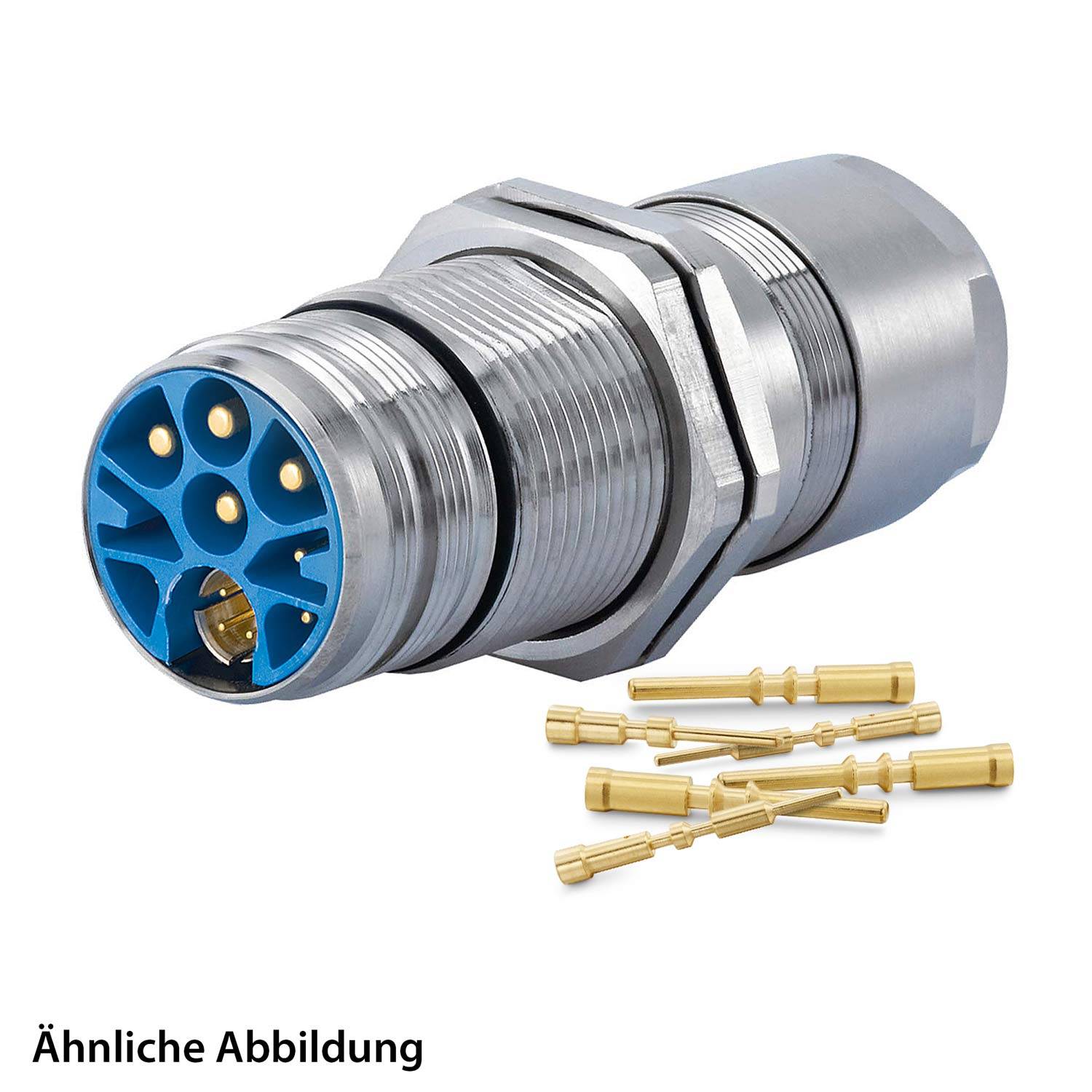 Metallischer zylindrischer Anschluss mit blauer Schnittstelle und goldenen Kontakten, mit der Beschriftung 'Ähnliche Abbildung', dargestellt mit zusätzlichen Pins.
