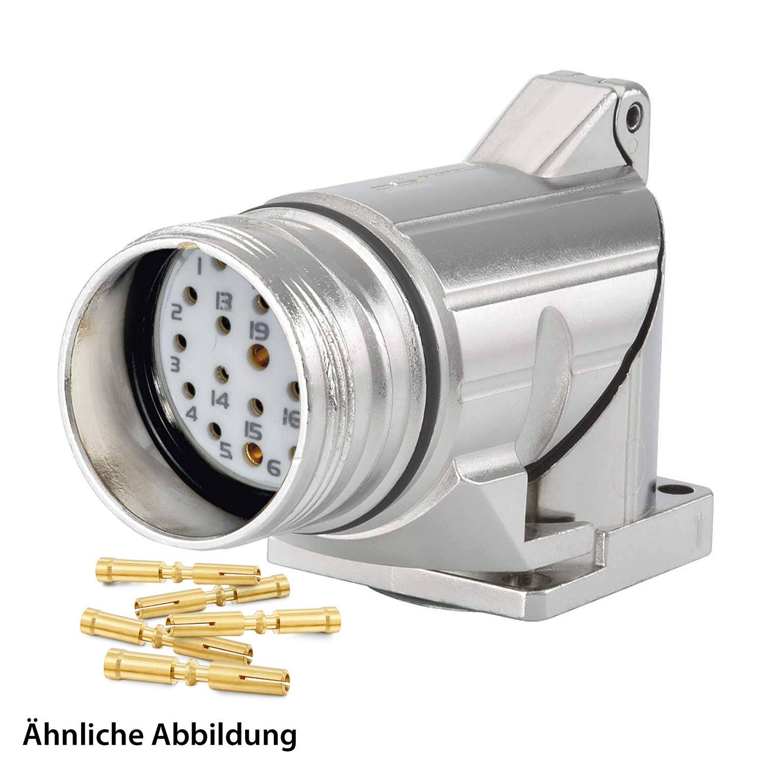 Ein Metall-Elektroverbinder mit nummerierten Anschlüssen für Stifte, der neben mehreren losen Goldstiften vor einem weißen Hintergrund platziert ist.