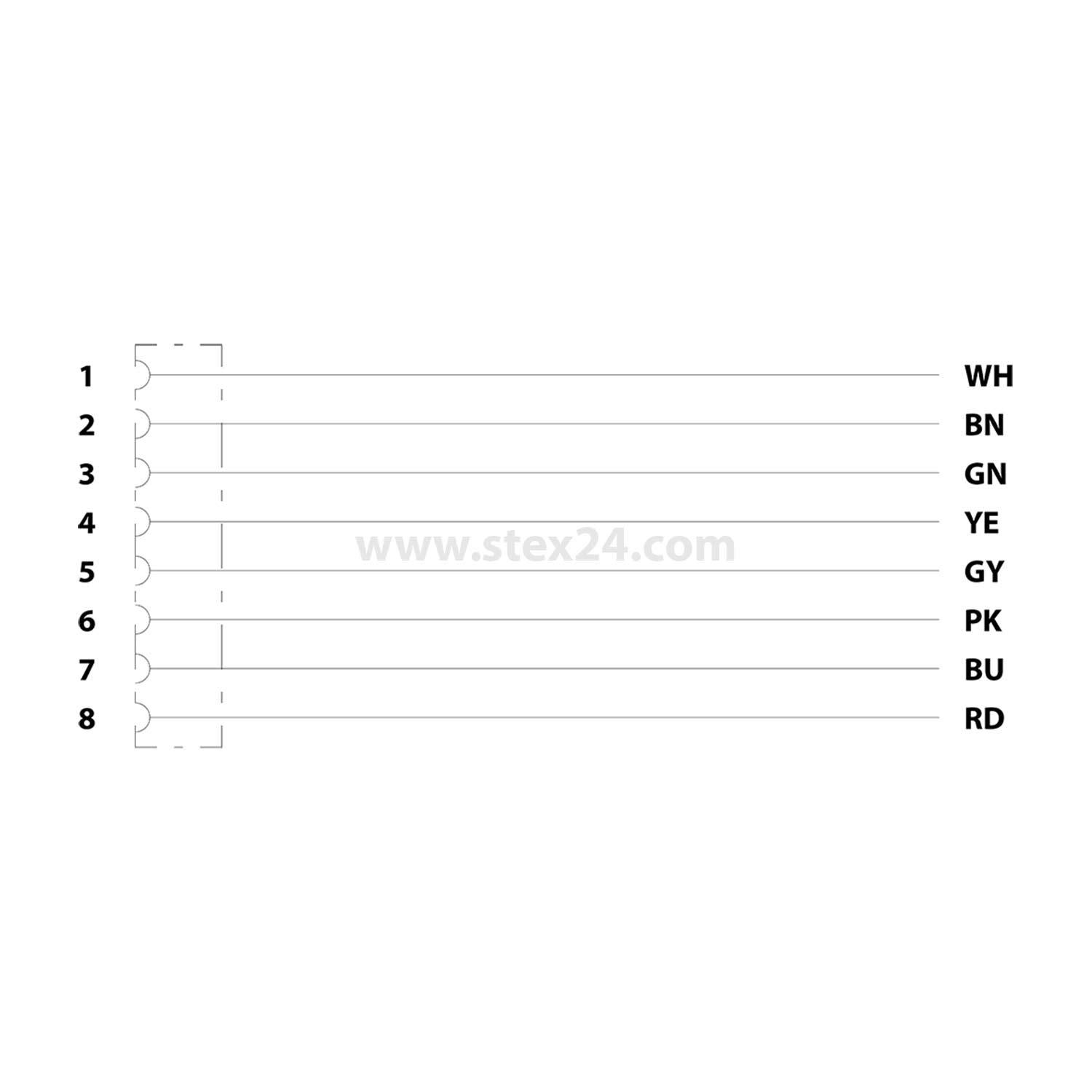 Diagramm von Drähten von 1 bis 8 beschriftet: WH, BN, GN, YE, GY, PK, BU, RD.