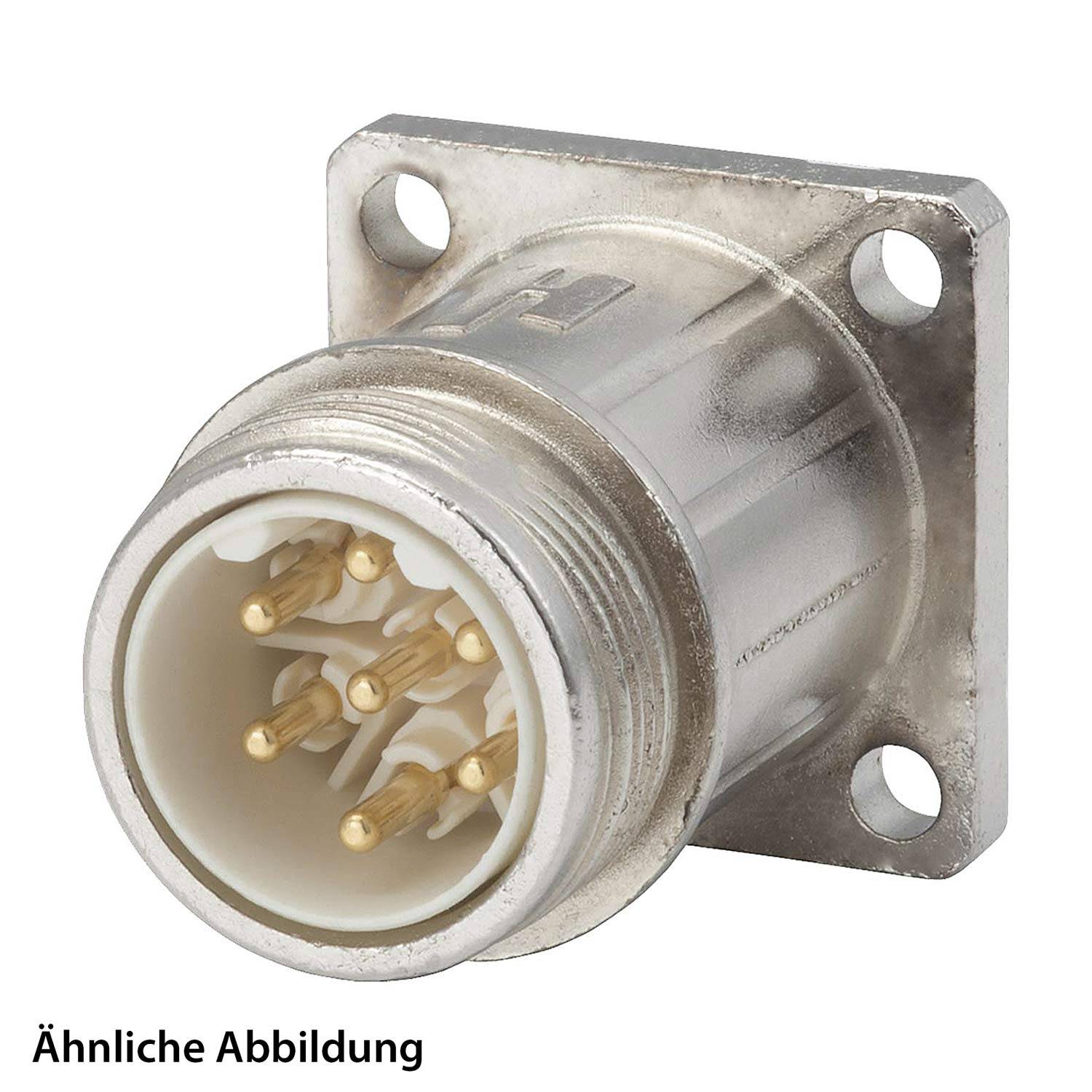 Ein quadratischer Metallverbinder mit sechs kreisrunden Stiften und vier Befestigungslöchern.