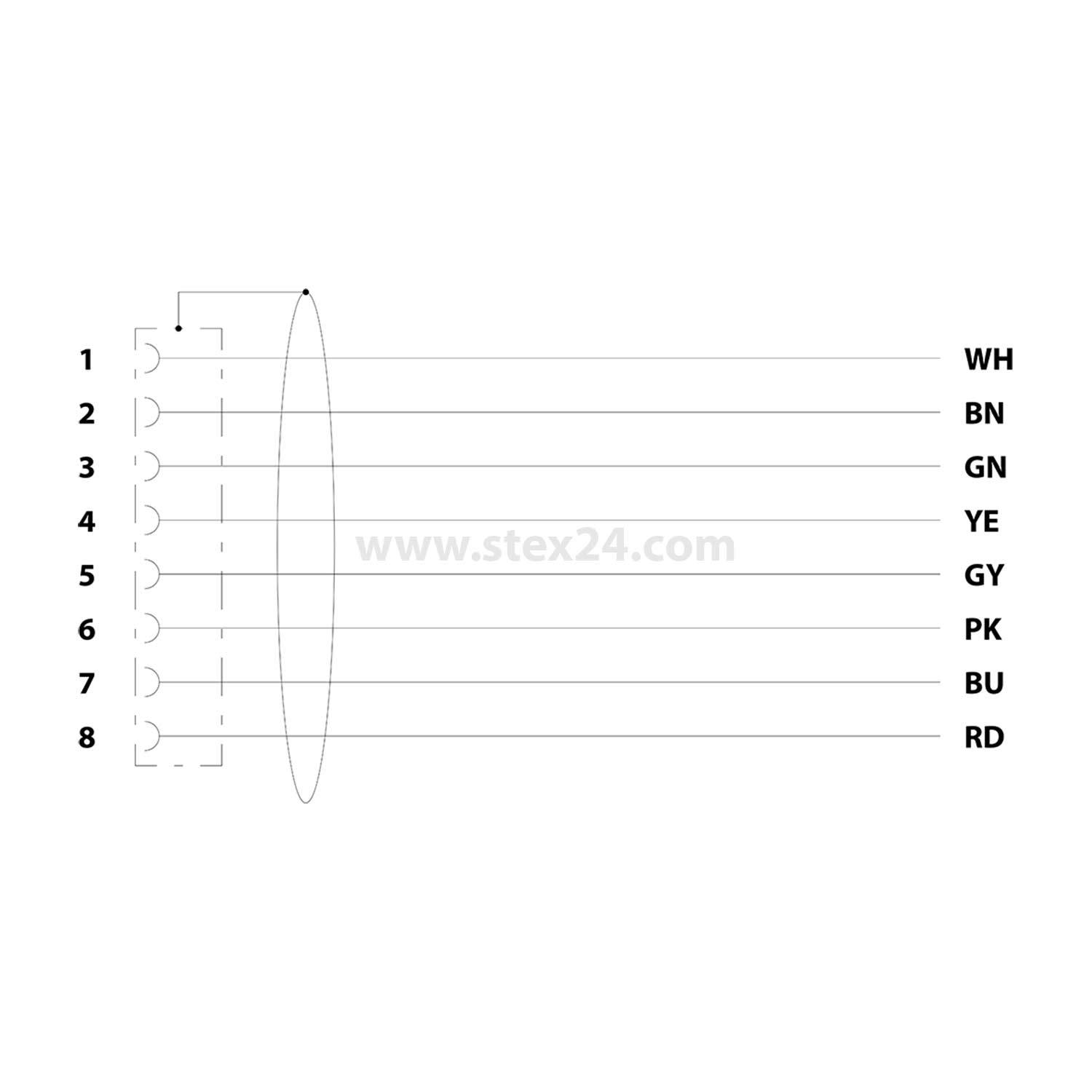 Diagramm eines 8-poligen Steckverbinders mit farbcodierten Leitungen für Pins: 1-WH, 2-BN, 3-GN, 4-YE, 5-GY, 6-PK, 7-BU, 8-RD.