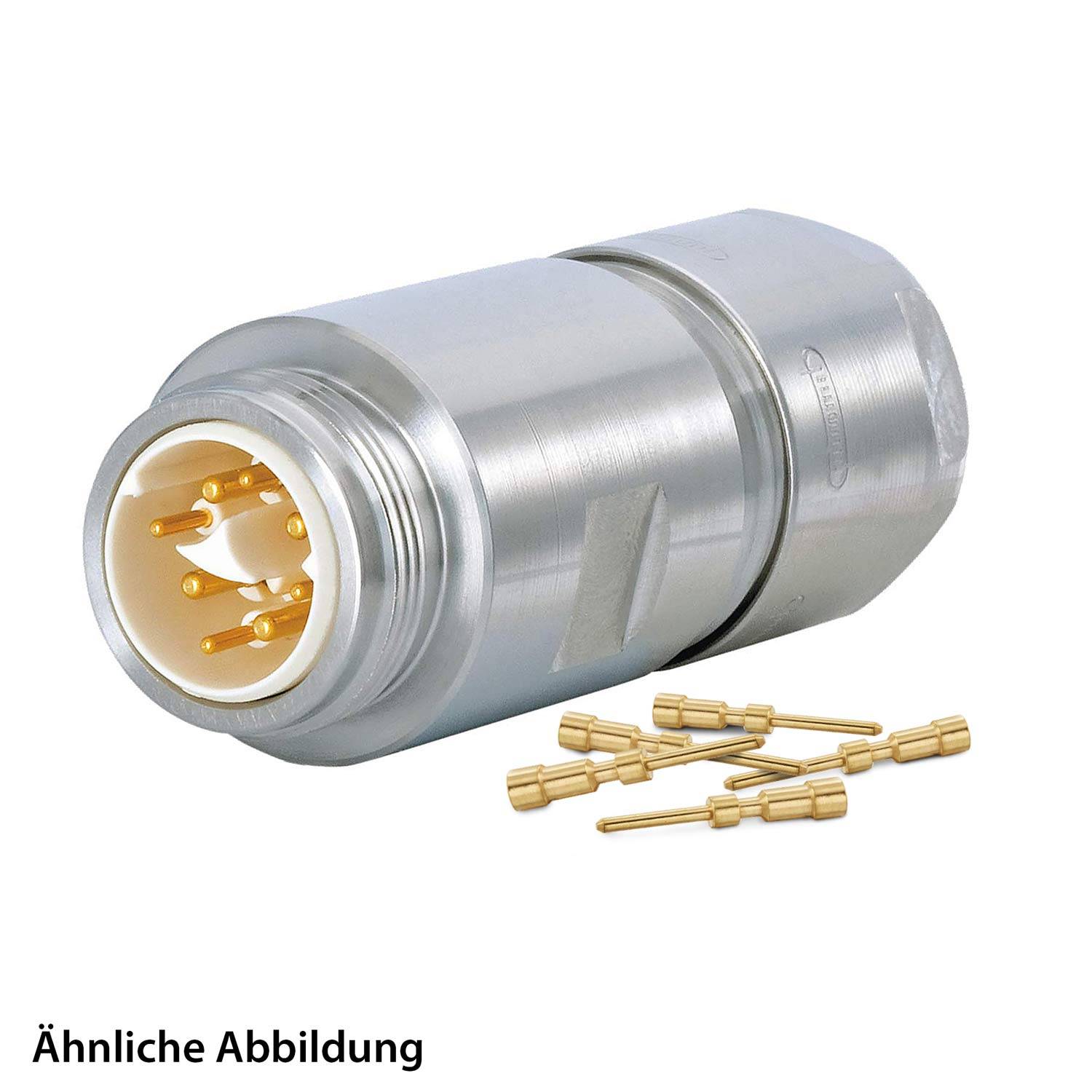Ein metallischer zylindrischer Verbinder mit mehreren Goldstiften, neben dem separate Goldstifte platziert sind.