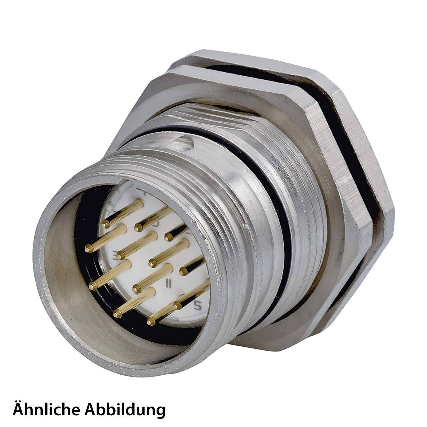 Eine Nahaufnahme eines metallischen elektrischen Anschlusses mit mehreren Goldstiften und einem verschraubten äußeren Gehäuse. Text im Bild lautet 'Ähnliche Abbildung'.