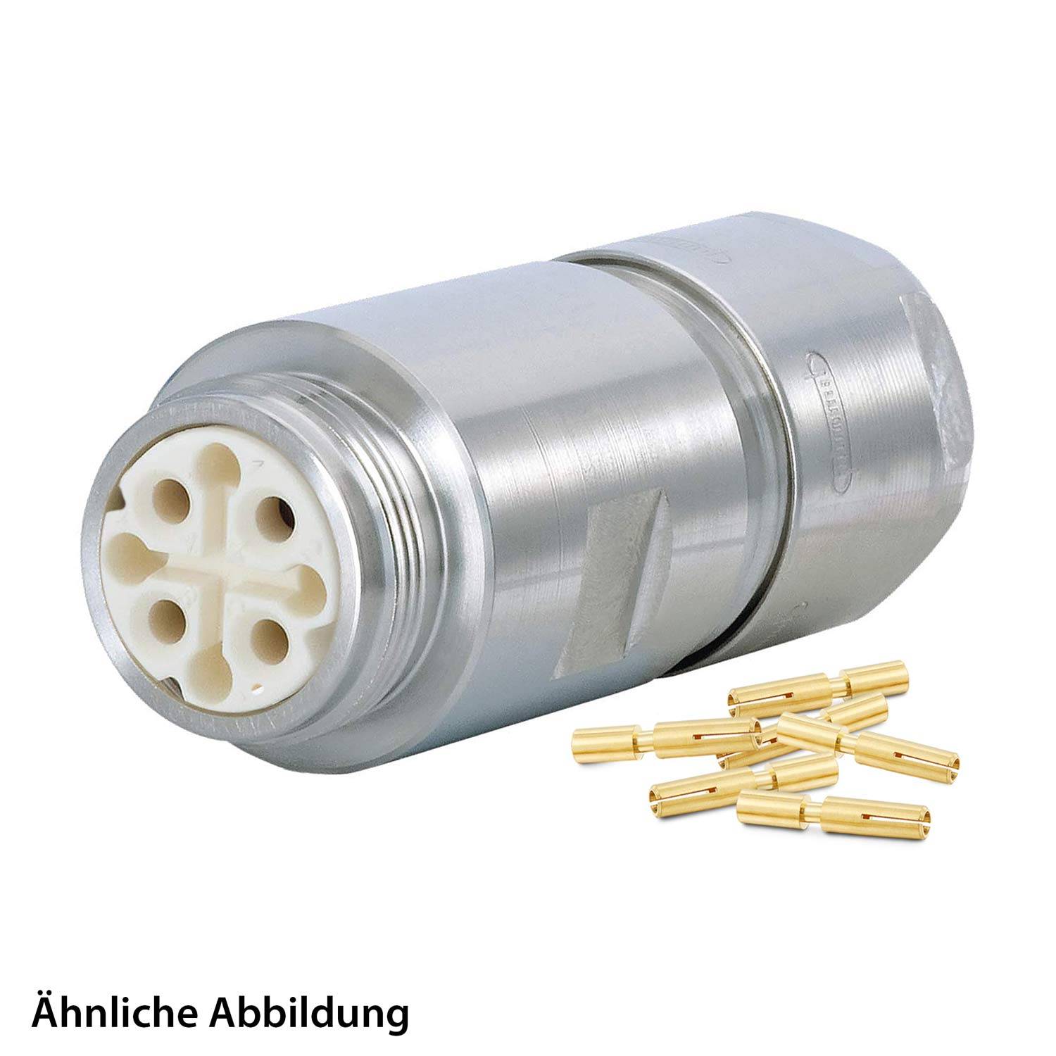 Ein zylindrischer Metallverbinder mit mehreren weißen Buchsen und einigen kleinen Goldstiften in der Nähe. Es scheint sich um eine technische oder industrielle Komponente zu handeln.