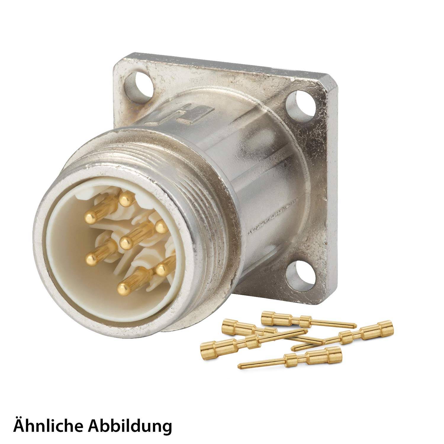 Ein kreisförmiger Metallstecker mit mehreren Goldstiften, dargestellt neben losen Goldkontakten. Beschriftet: Ähnliche Abbildung.